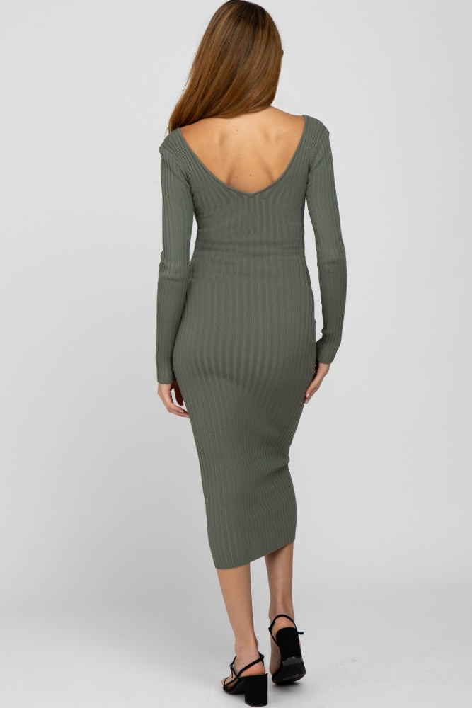 Light Olive V-Neck Long Sleeve Fitted Maternity Maxi Dress