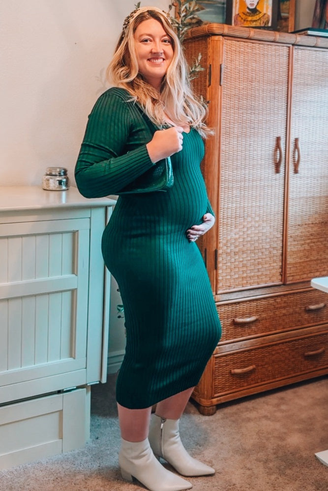 Forest Green V-Neck Long Sleeve Fitted Maternity Maxi Dress