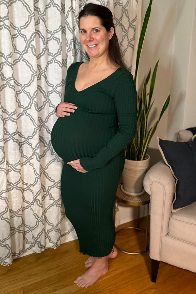 Forest Green V-Neck Long Sleeve Fitted Maternity Maxi Dress