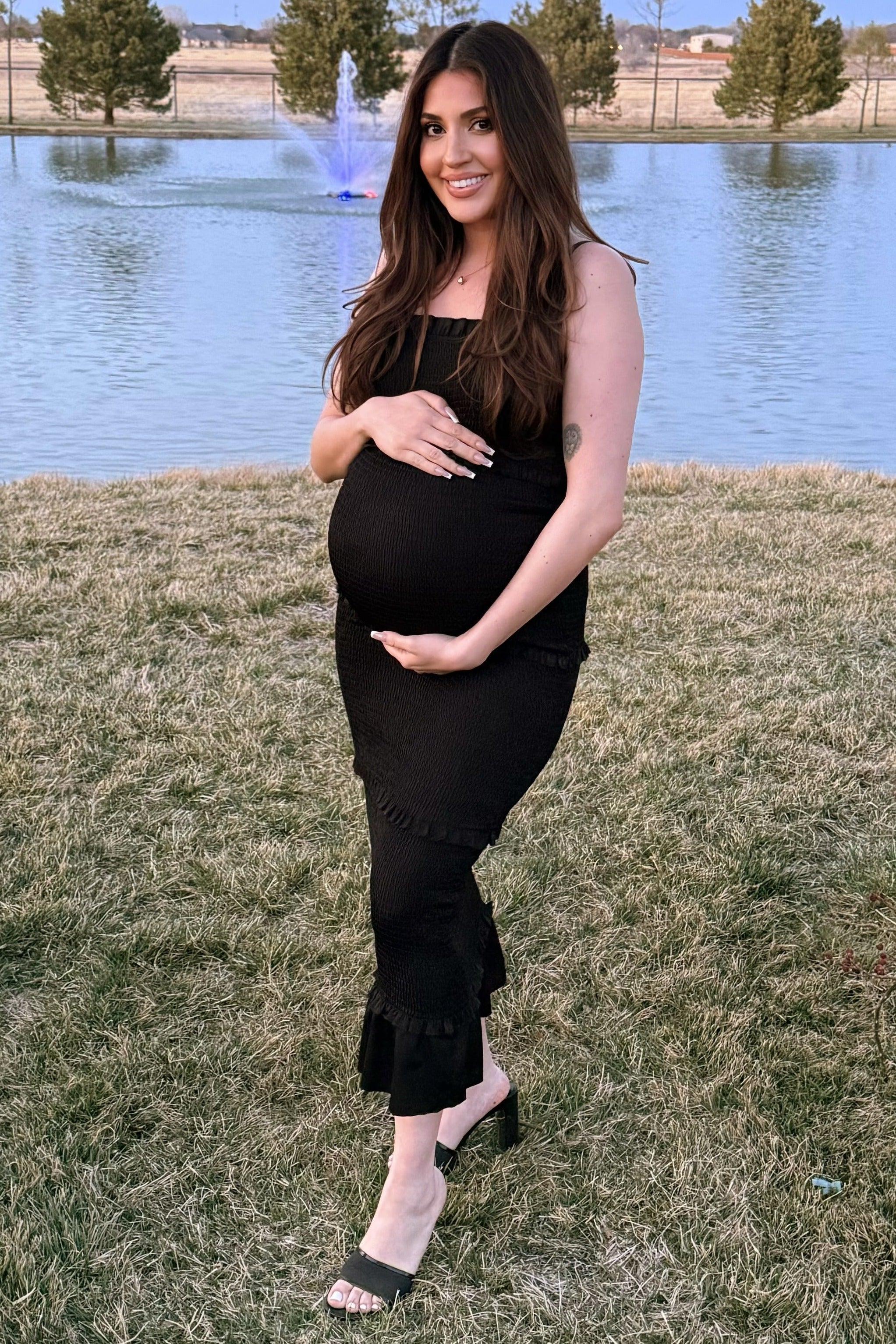 Black Satin Smocked Fitted Maternity Midi Dress