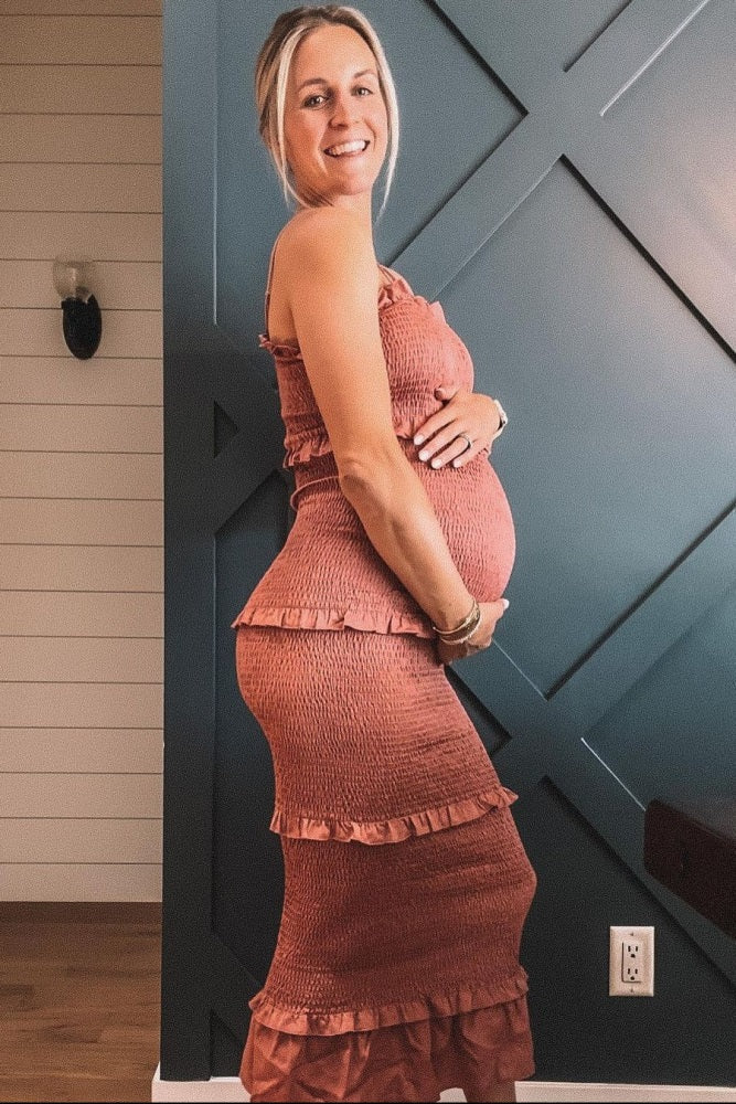 Mauve Satin Smocked Fitted Maternity Midi Dress