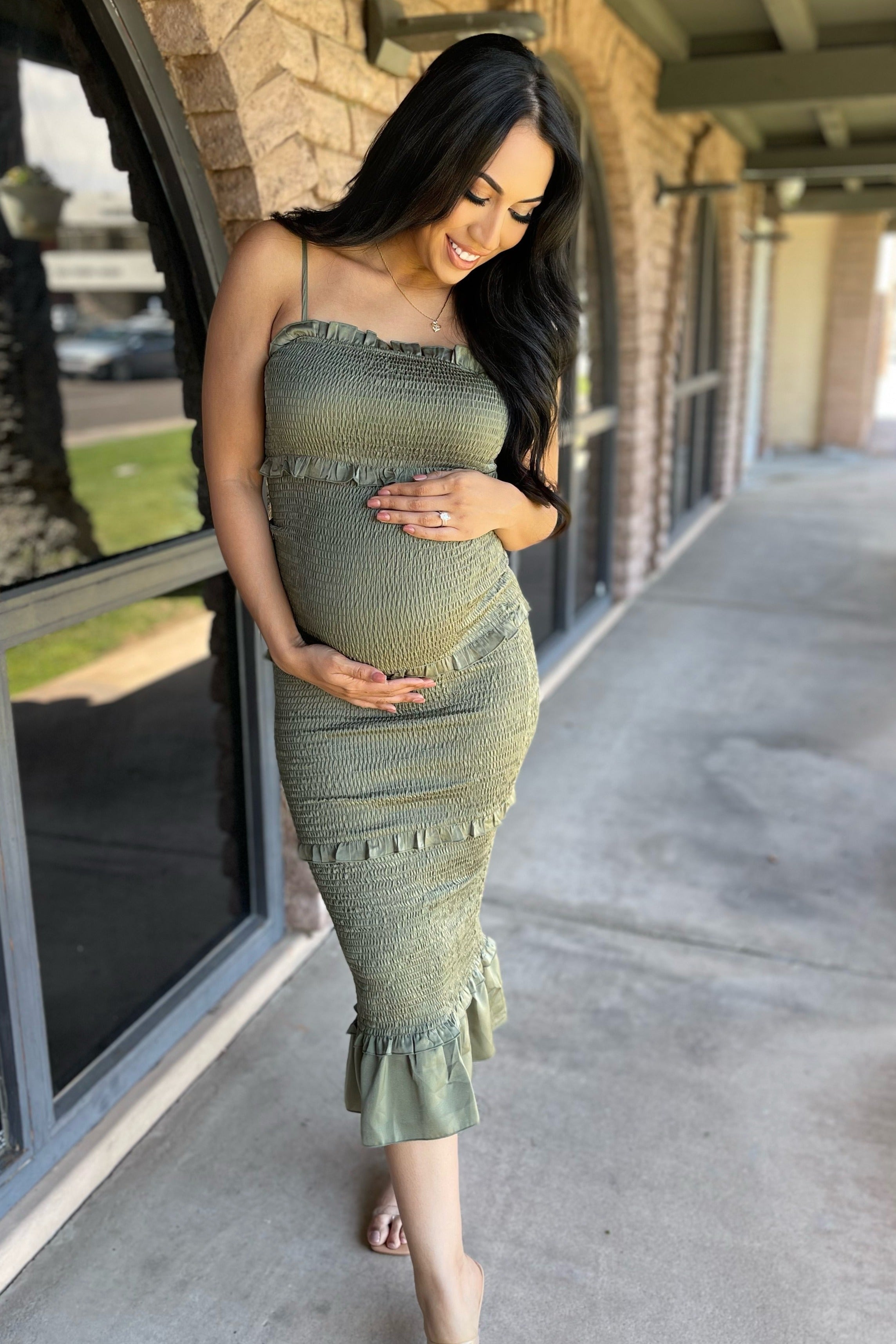 Olive Satin Smocked Fitted Maternity Midi Dress
