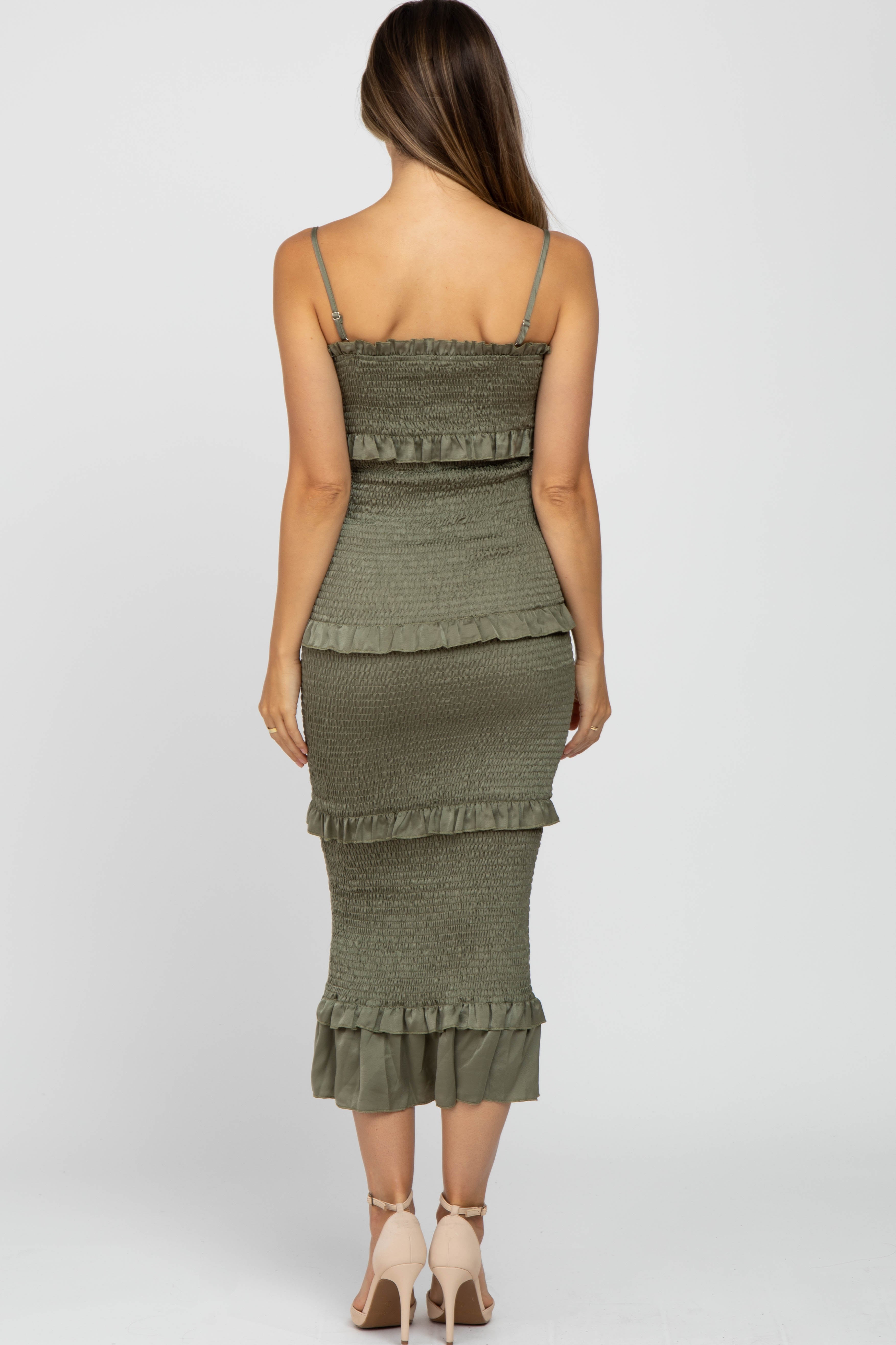Olive Satin Smocked Fitted Maternity Midi Dress