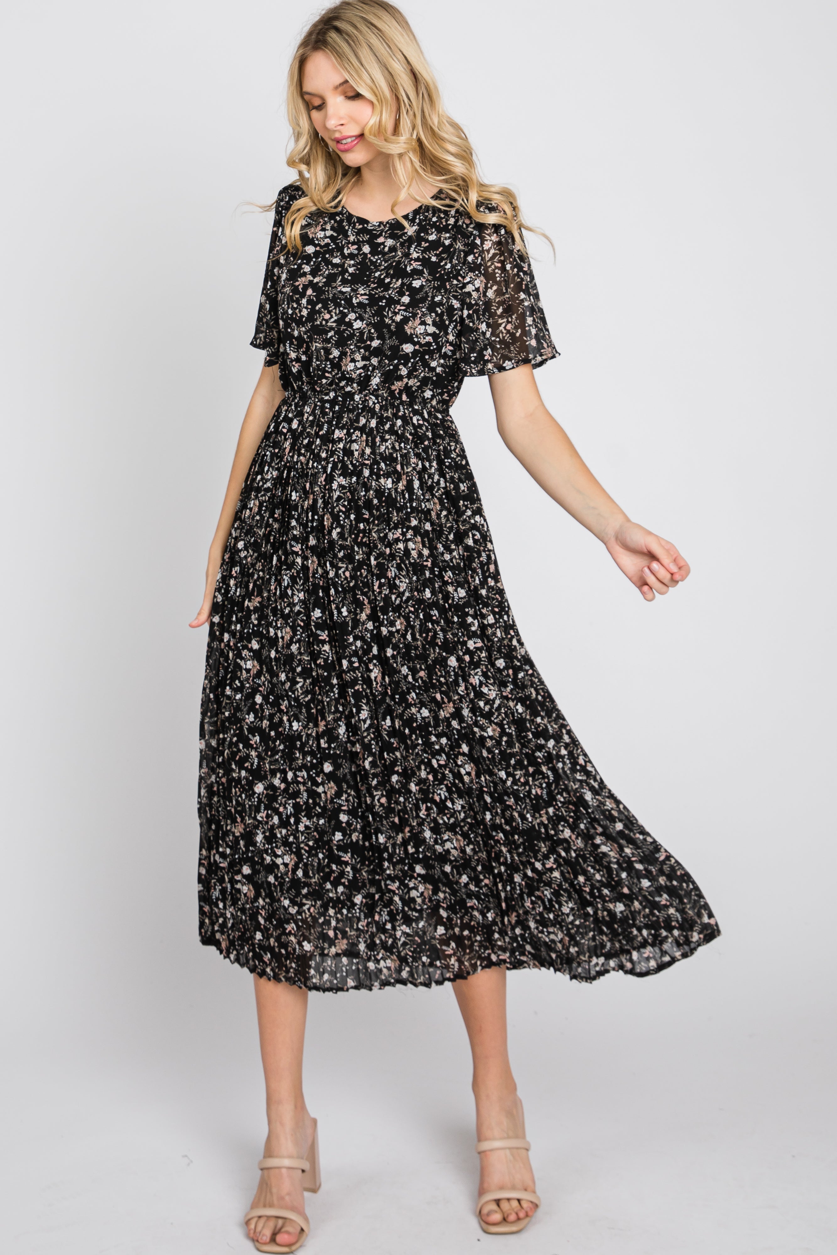 Black Floral Pleated Short Sleeve Chiffon Maternity Midi Dress