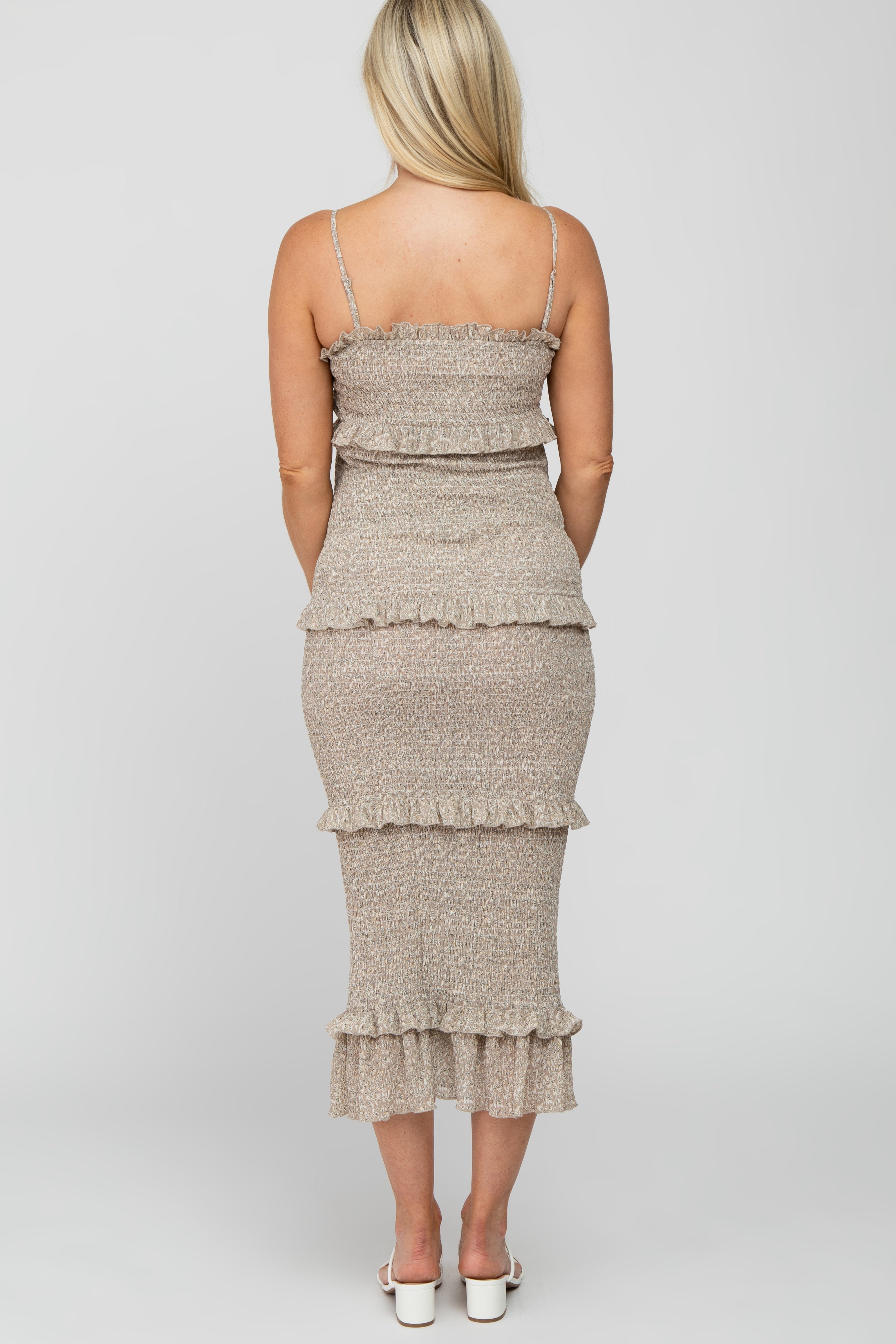 Taupe Leaf Print Smocked Fitted Maternity Midi Dress