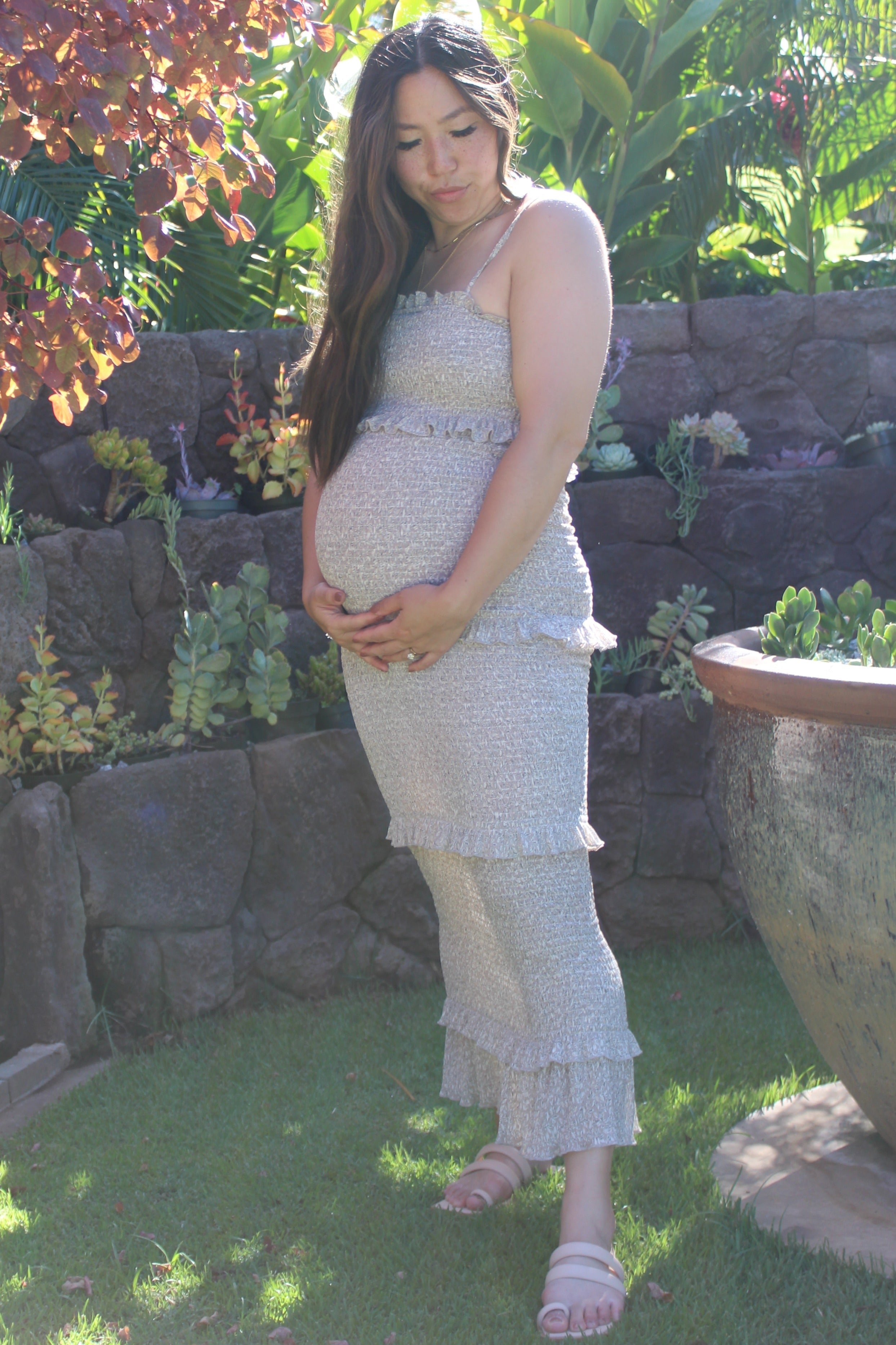 Taupe Leaf Print Smocked Fitted Maternity Midi Dress