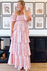 Pink Floral Square Neck Ruffle Layered Maternity Maxi Dress
