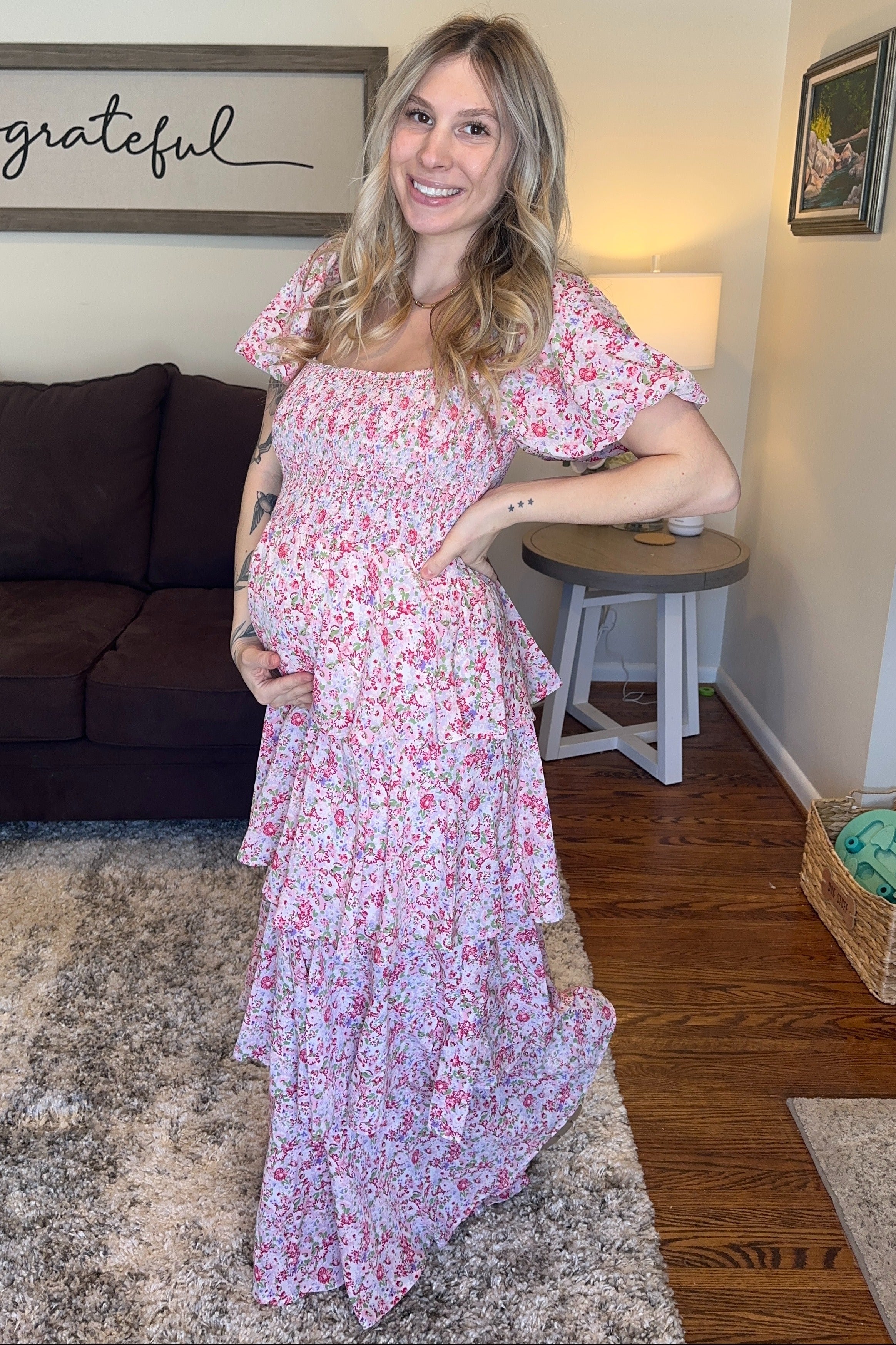 Pink Floral Square Neck Ruffle Layered Maternity Maxi Dress