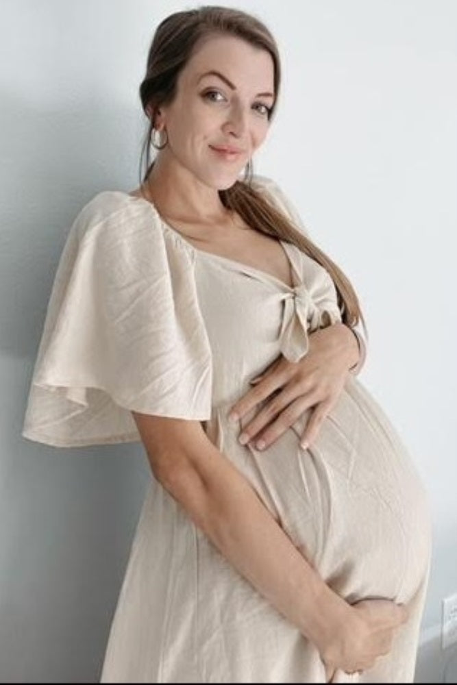 Beige Front Tie Ruffle Sleeve Maternity Midi Dress