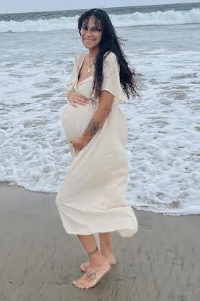 Beige Front Tie Ruffle Sleeve Maternity Midi Dress