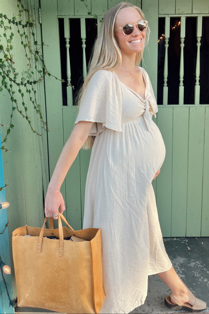 Beige Front Tie Ruffle Sleeve Maternity Midi Dress