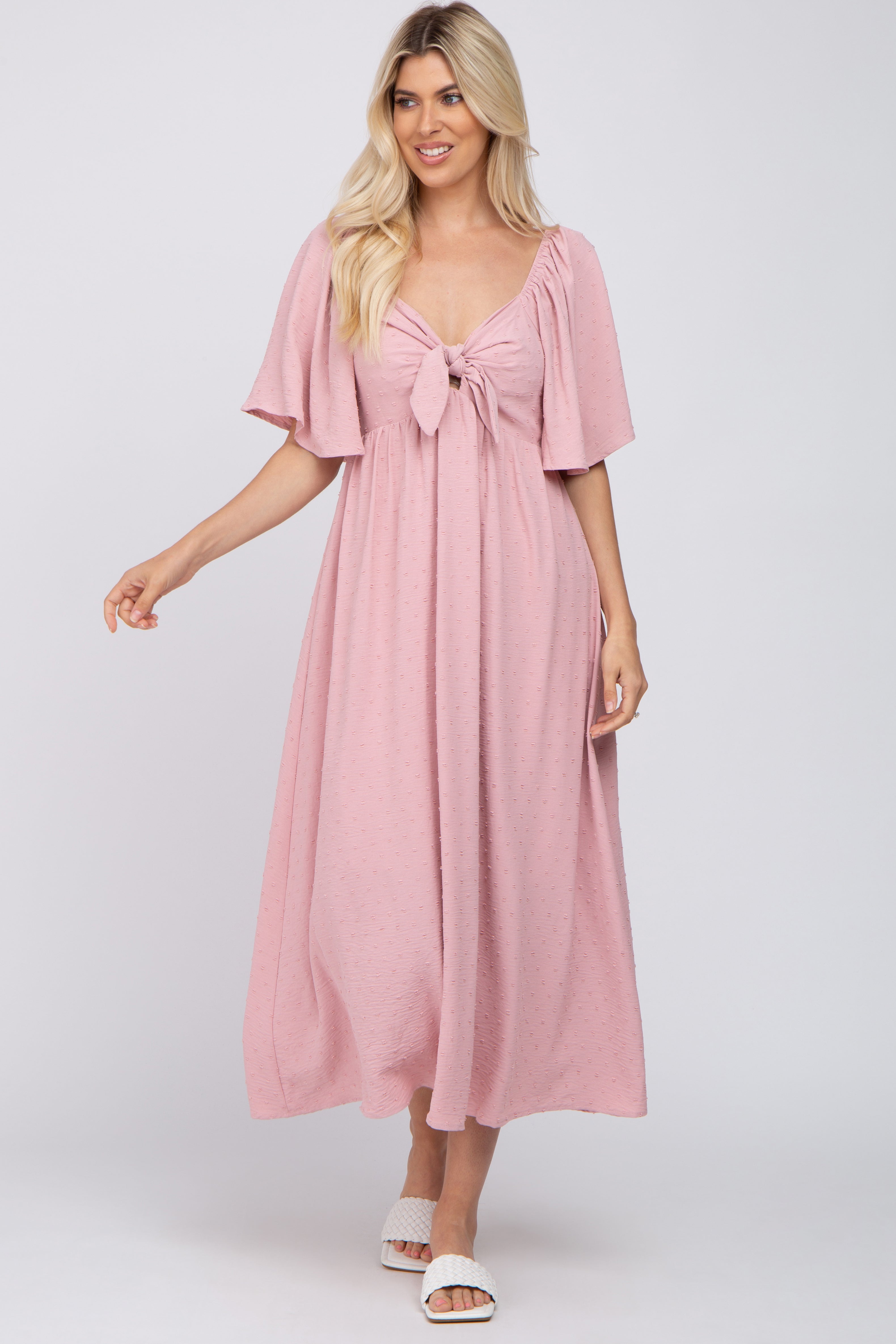 Mauve Textured Dot Front Tie Ruffle Sleeve Maternity Midi Dress