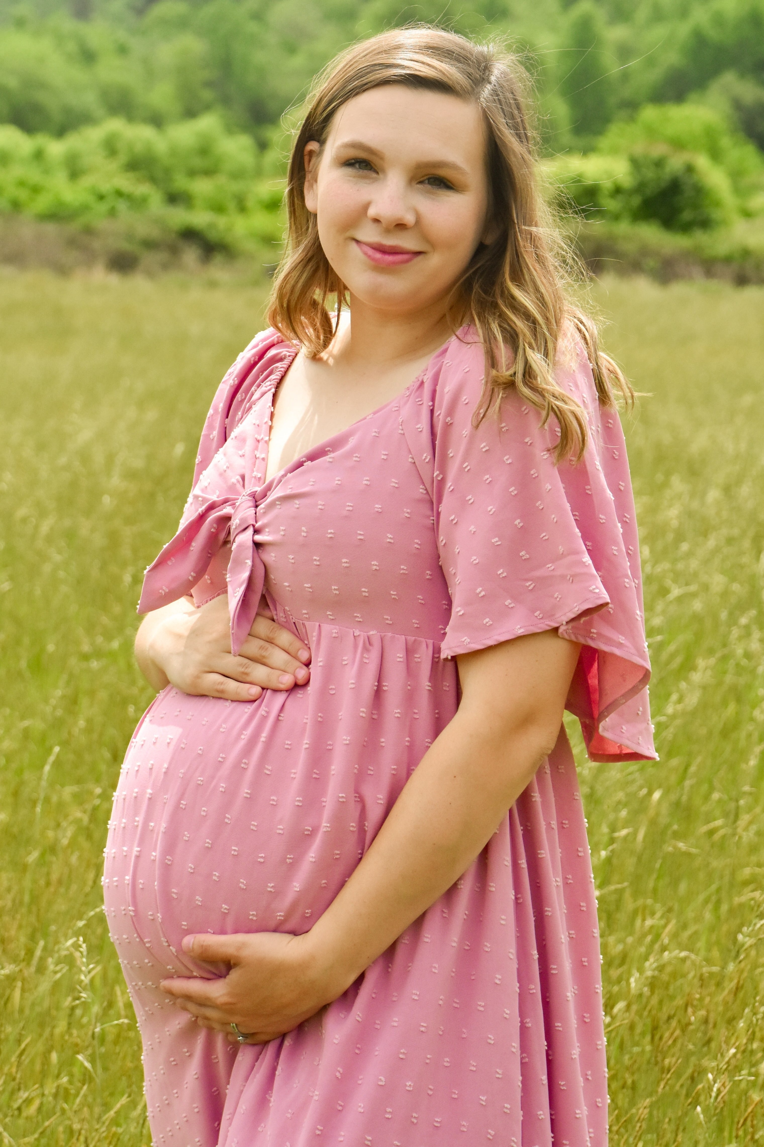 Mauve Textured Dot Front Tie Ruffle Sleeve Maternity Midi Dress