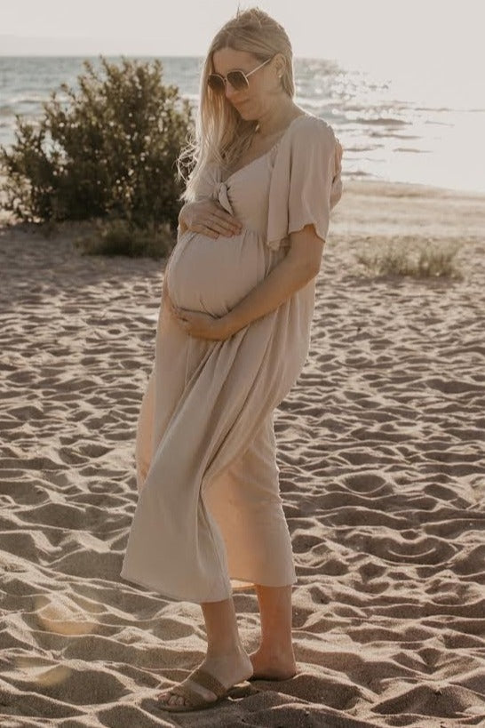 Beige Textured Dot Front Tie Ruffle Sleeve Maternity Midi Dress