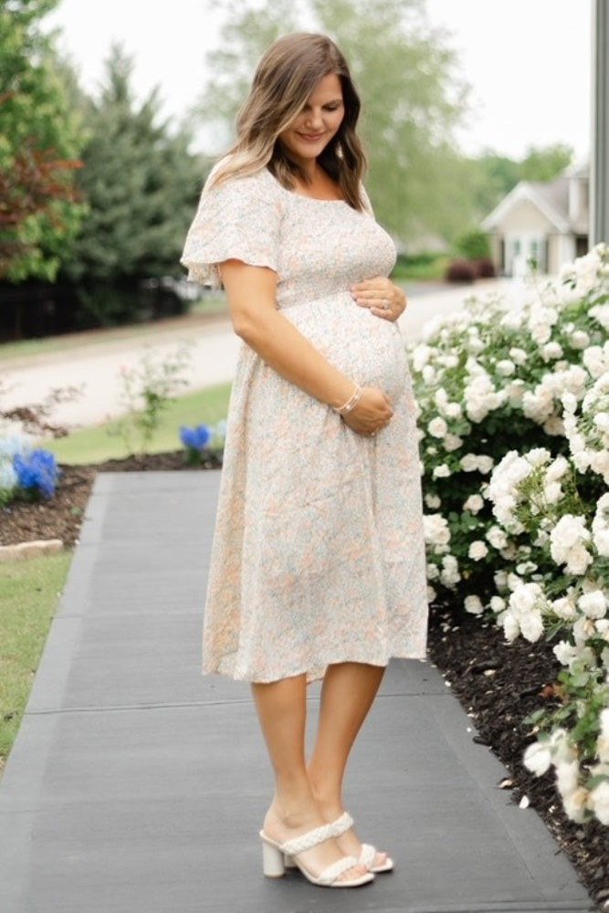 Cream Floral Smocked Square Neck Maternity Midi Dress