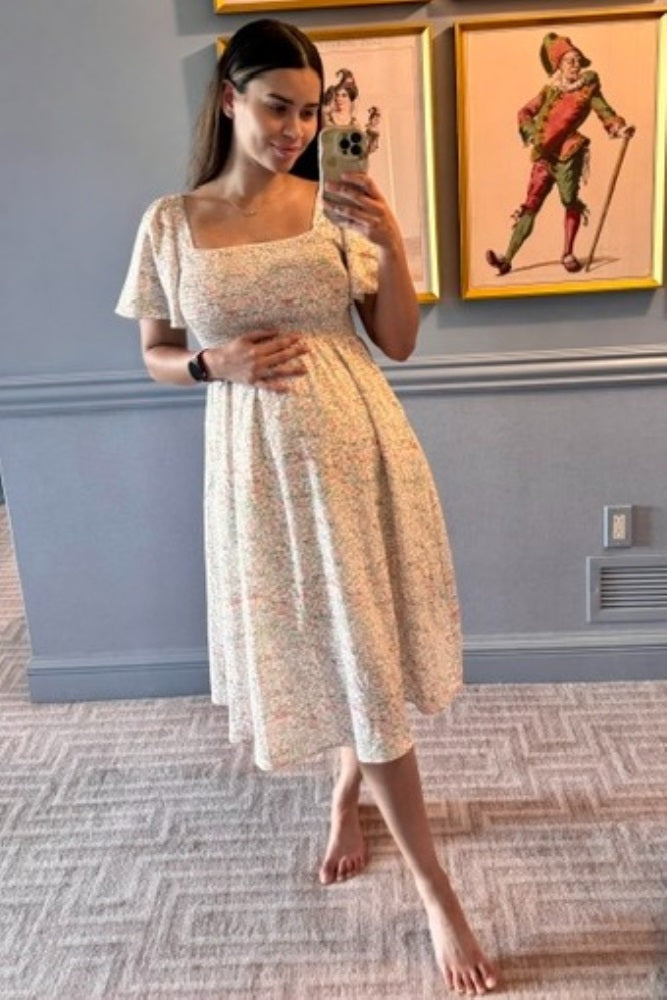 Cream Floral Smocked Square Neck Maternity Midi Dress