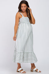 Sage Striped Sleeveless Ruffle Hem Maternity Maxi Dress