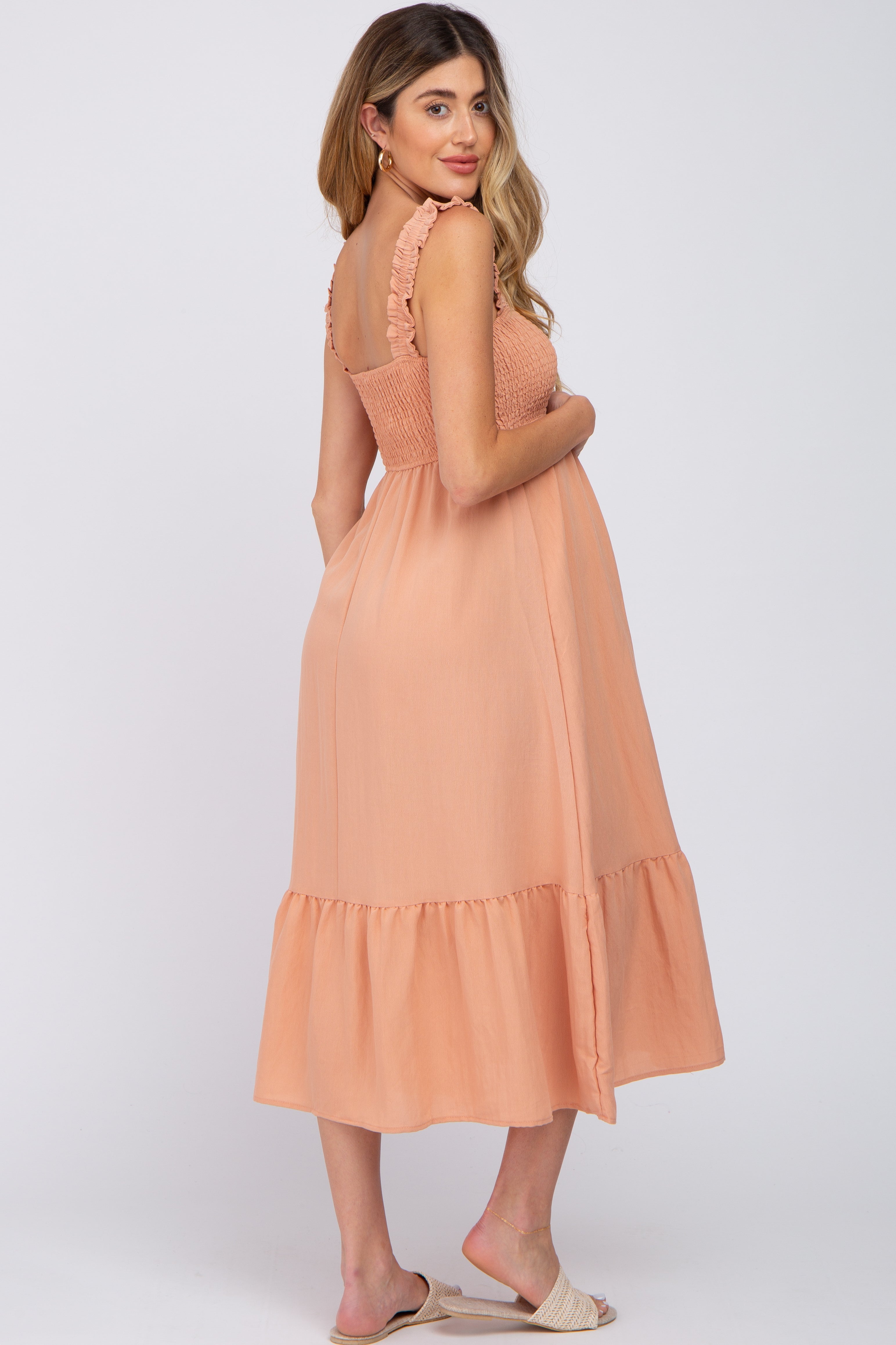 Peach Smocked Maternity Midi Dress