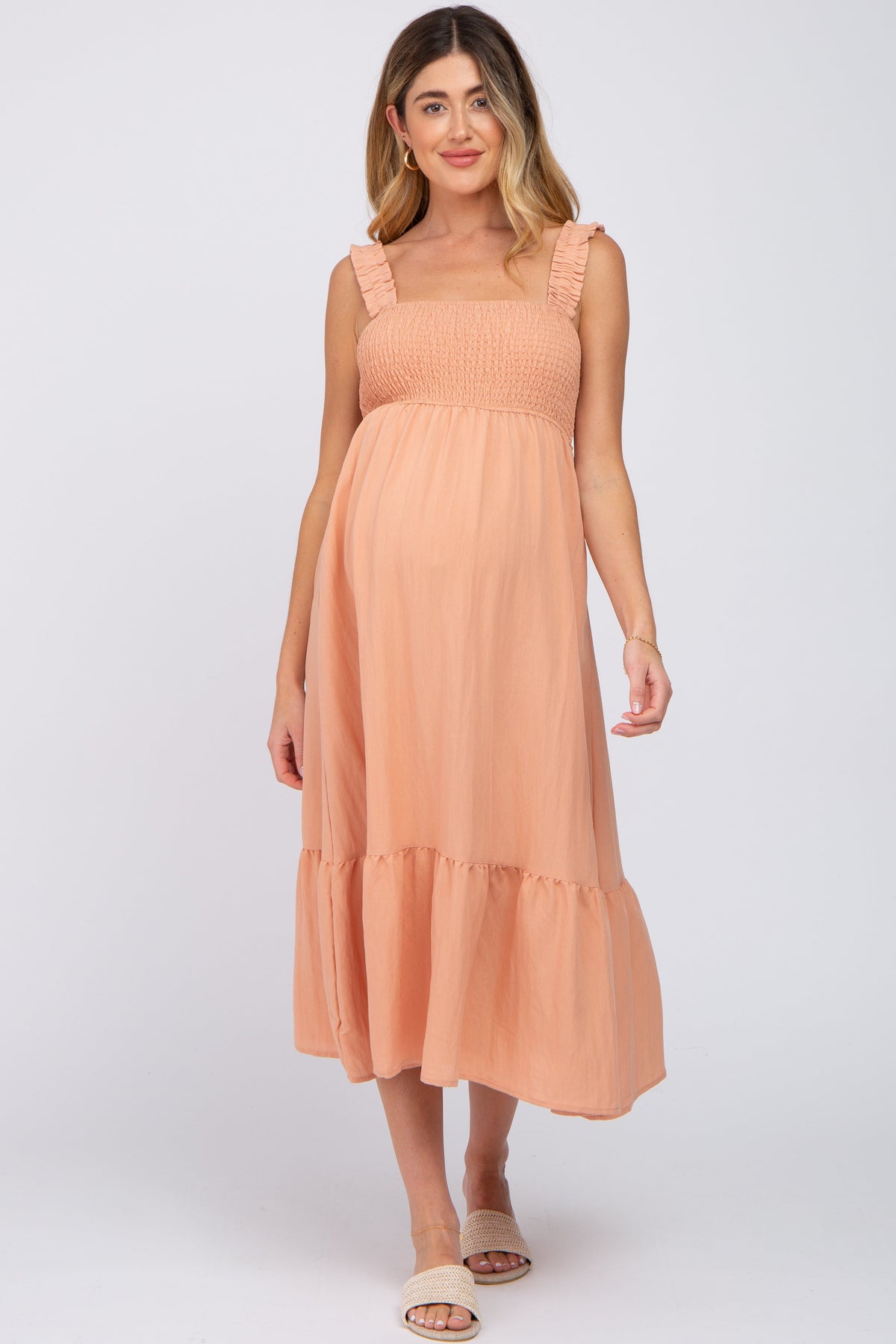 Peach Smocked Maternity Midi Dress