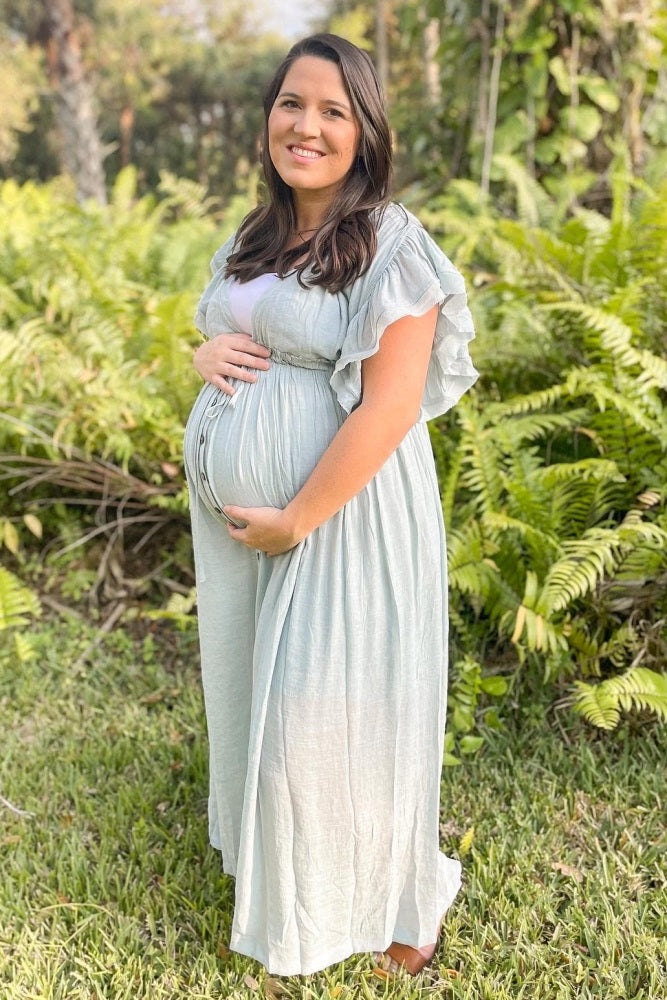 Light Blue Deep V-Neck Button Down Maternity Maxi Dress