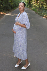 Blue Floral Ruffle V-Neck Maternity Midi Dress