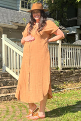 Camel Button Down Maternity Midi Dress
