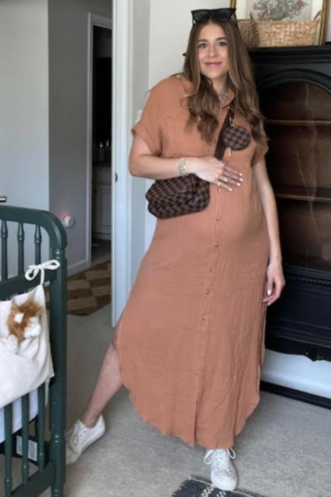 Camel Button Down Maternity Midi Dress