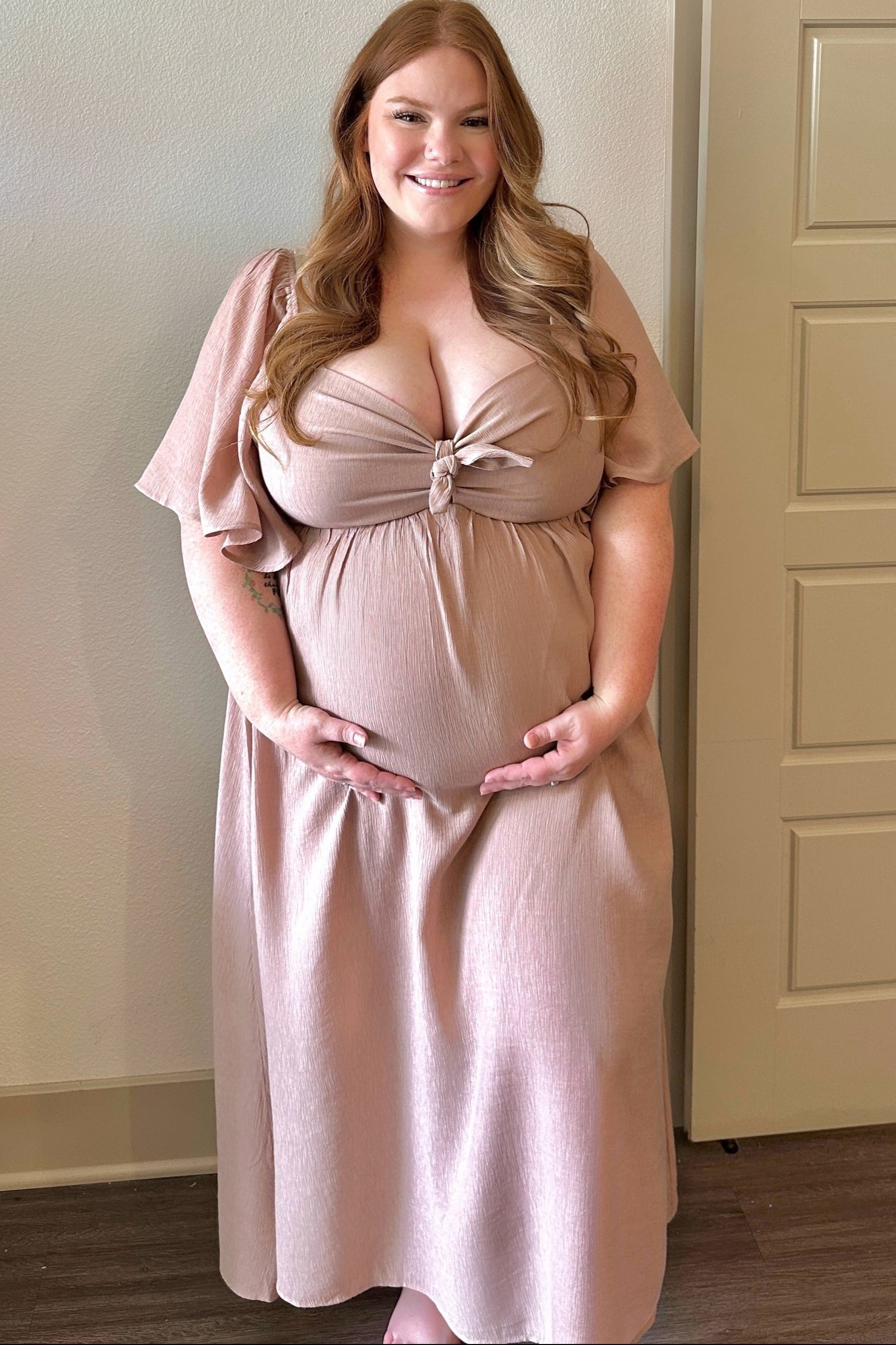 Mocha Front Tie Ruffle Sleeve Maternity Midi Dress