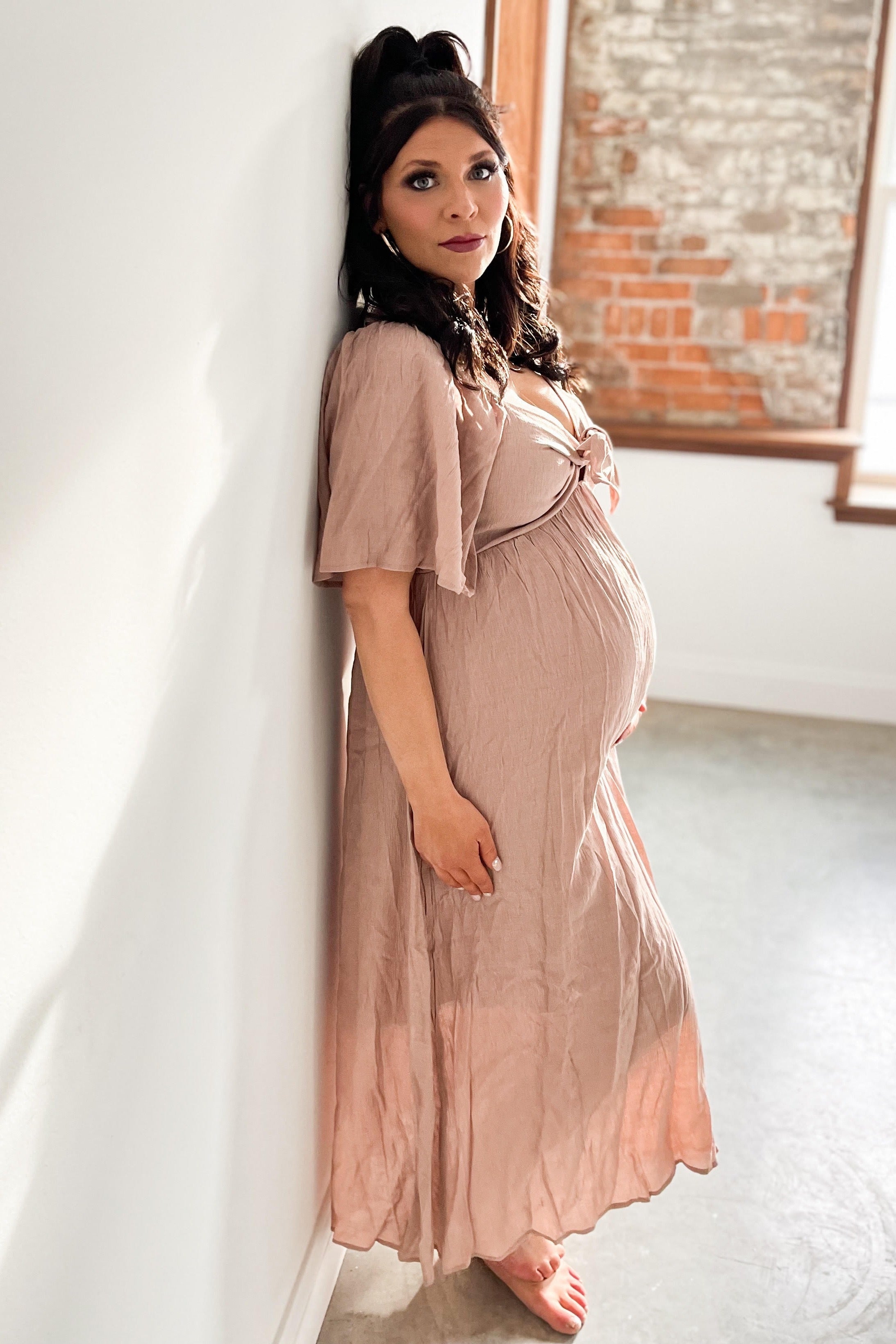 Mocha Front Tie Ruffle Sleeve Maternity Midi Dress