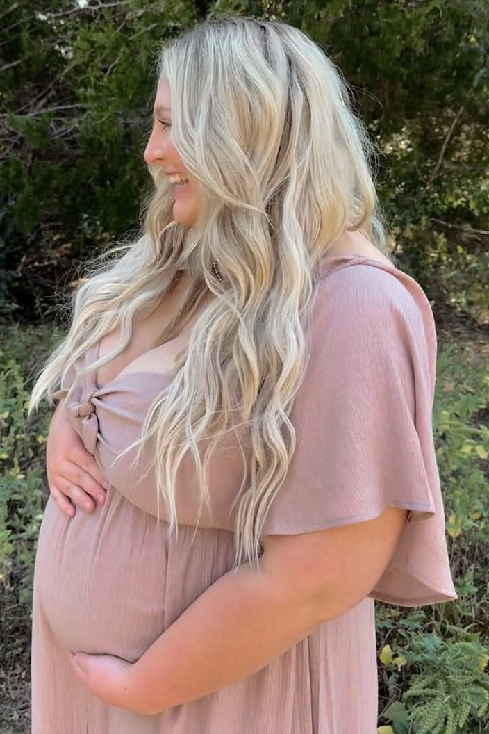 Mocha Front Tie Ruffle Sleeve Maternity Midi Dress