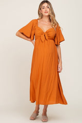 Rust Front Tie Ruffle Sleeve Maternity Midi Dress