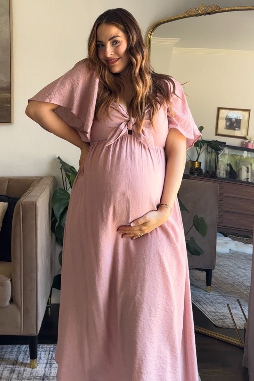 Mauve Front Tie Ruffle Sleeve Maternity Midi Dress