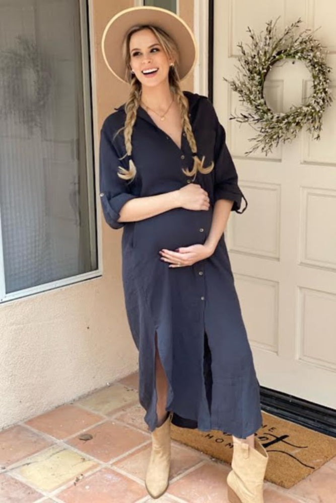 Charcoal Button Down 3/4 Sleeve Maternity Midi Dress