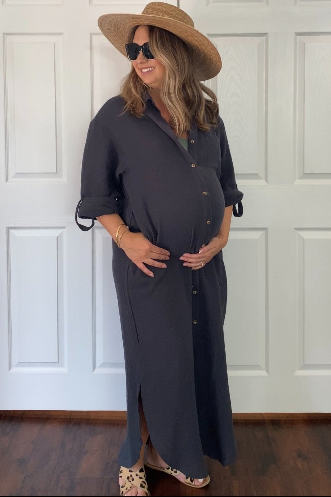 Charcoal Button Down 3/4 Sleeve Maternity Midi Dress