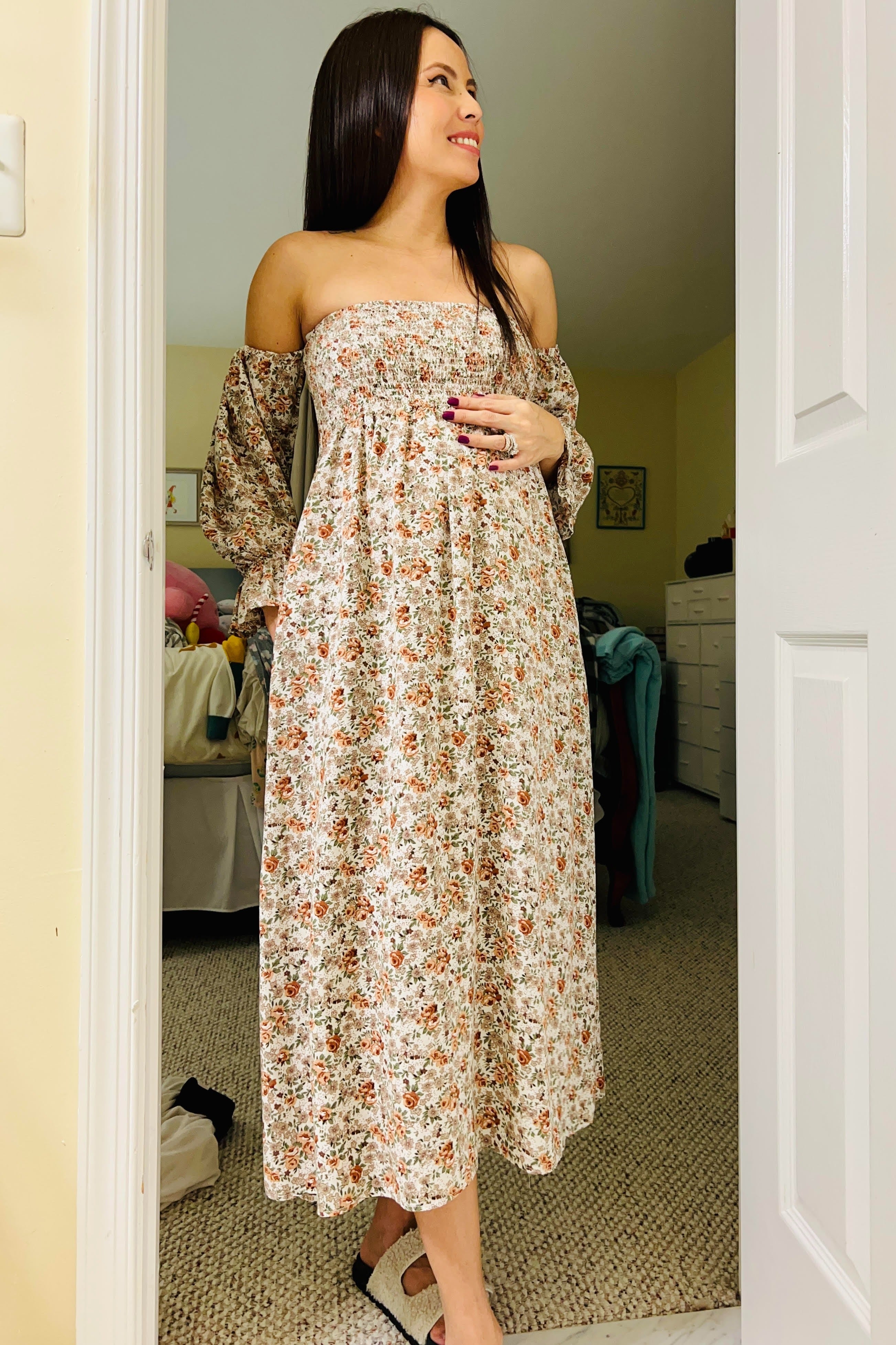 Taupe Floral Off Shoulder Long Sleeve Maternity Maxi Dress
