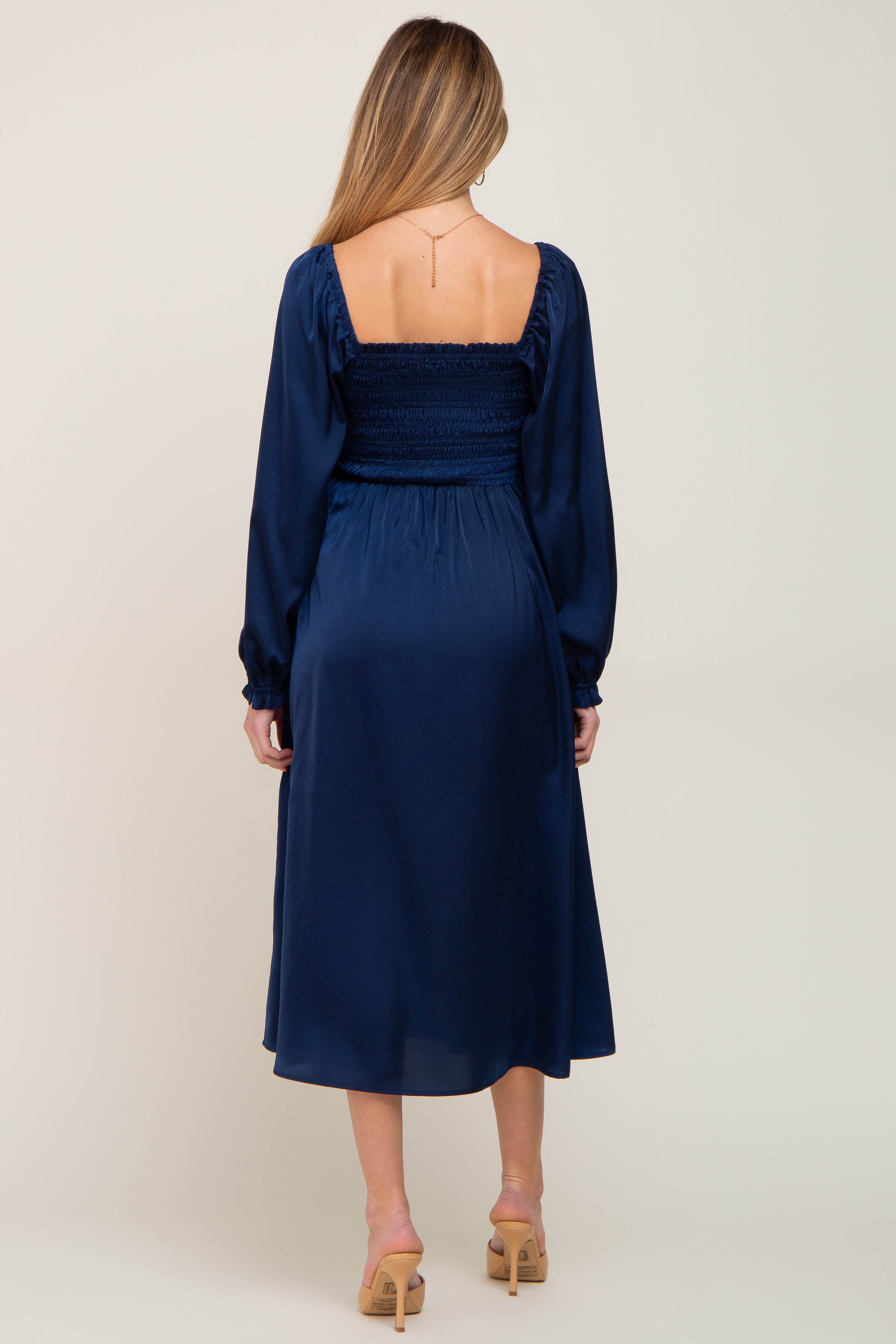 Navy Blue Smocked Square Neck Satin Maternity Midi Dress