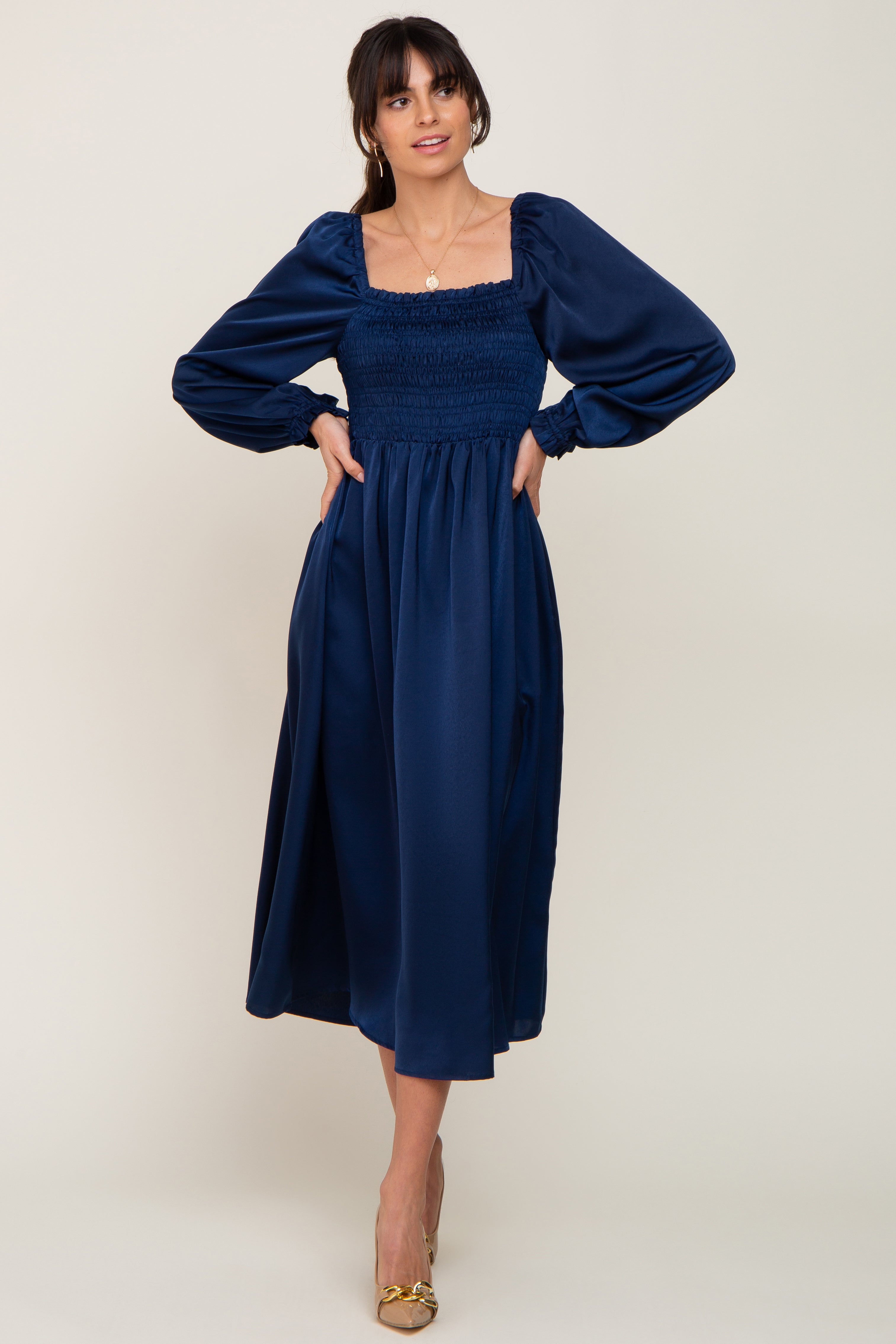 Navy Blue Smocked Square Neck Satin Maternity Midi Dress