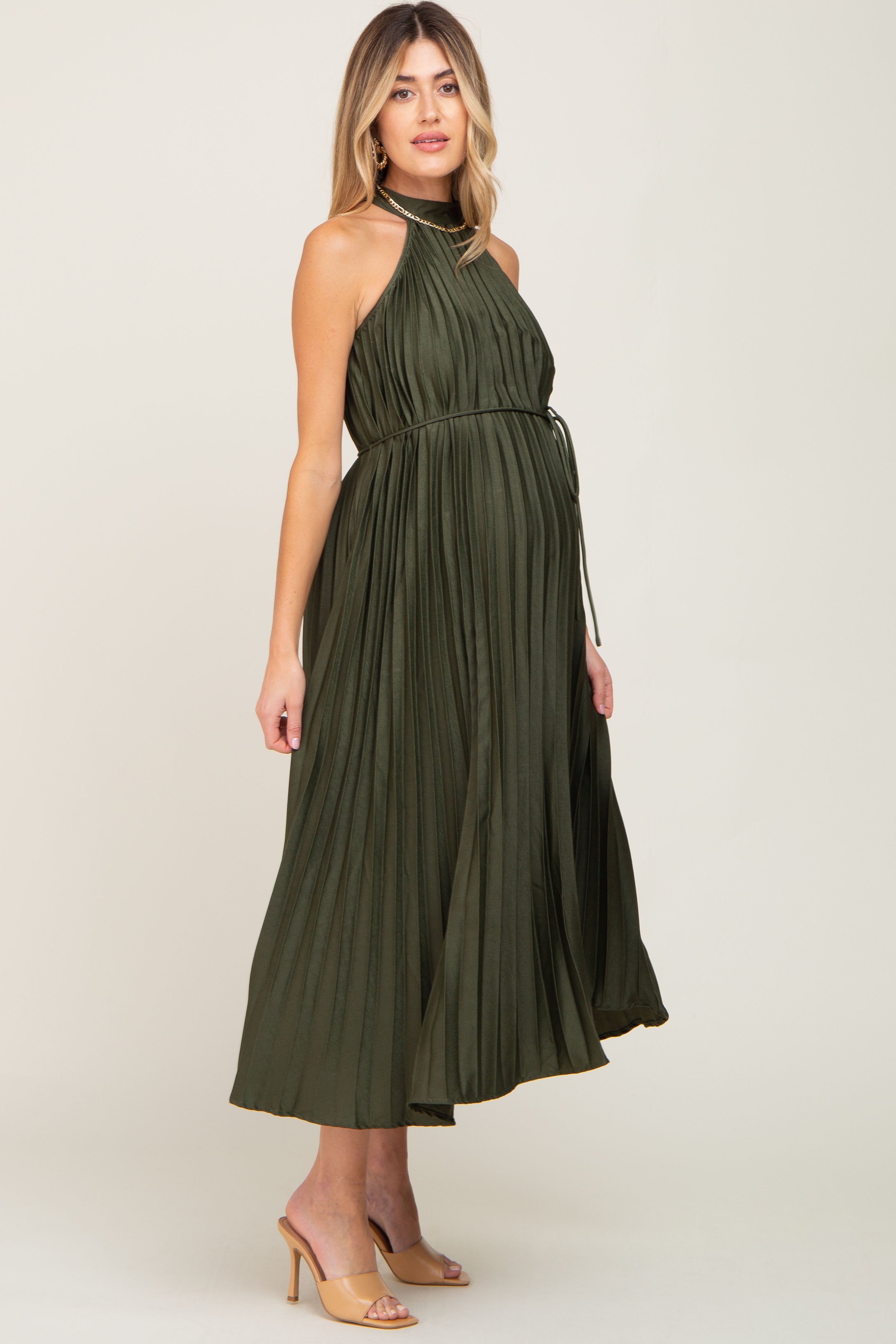 Olive Pleated Maternity Halter Dress