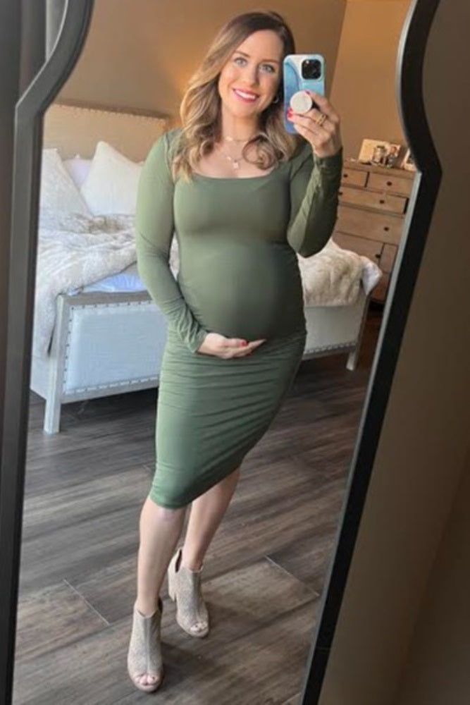 Olive Long Sleeve Square Neck Maternity Dress