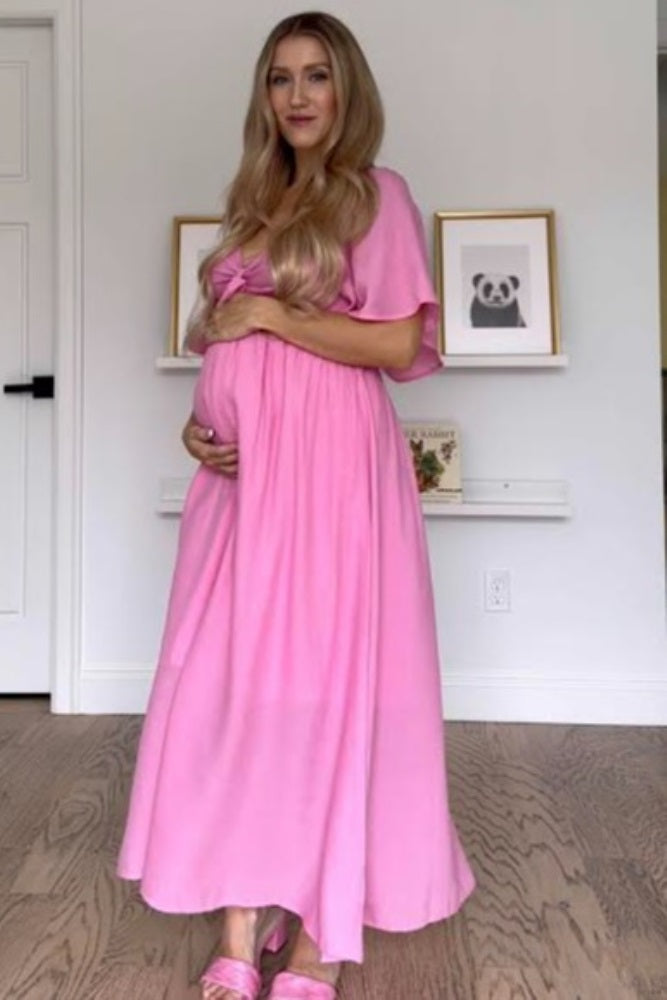 Pink Front Tie Ruffle Sleeve Maternity Midi Dress
