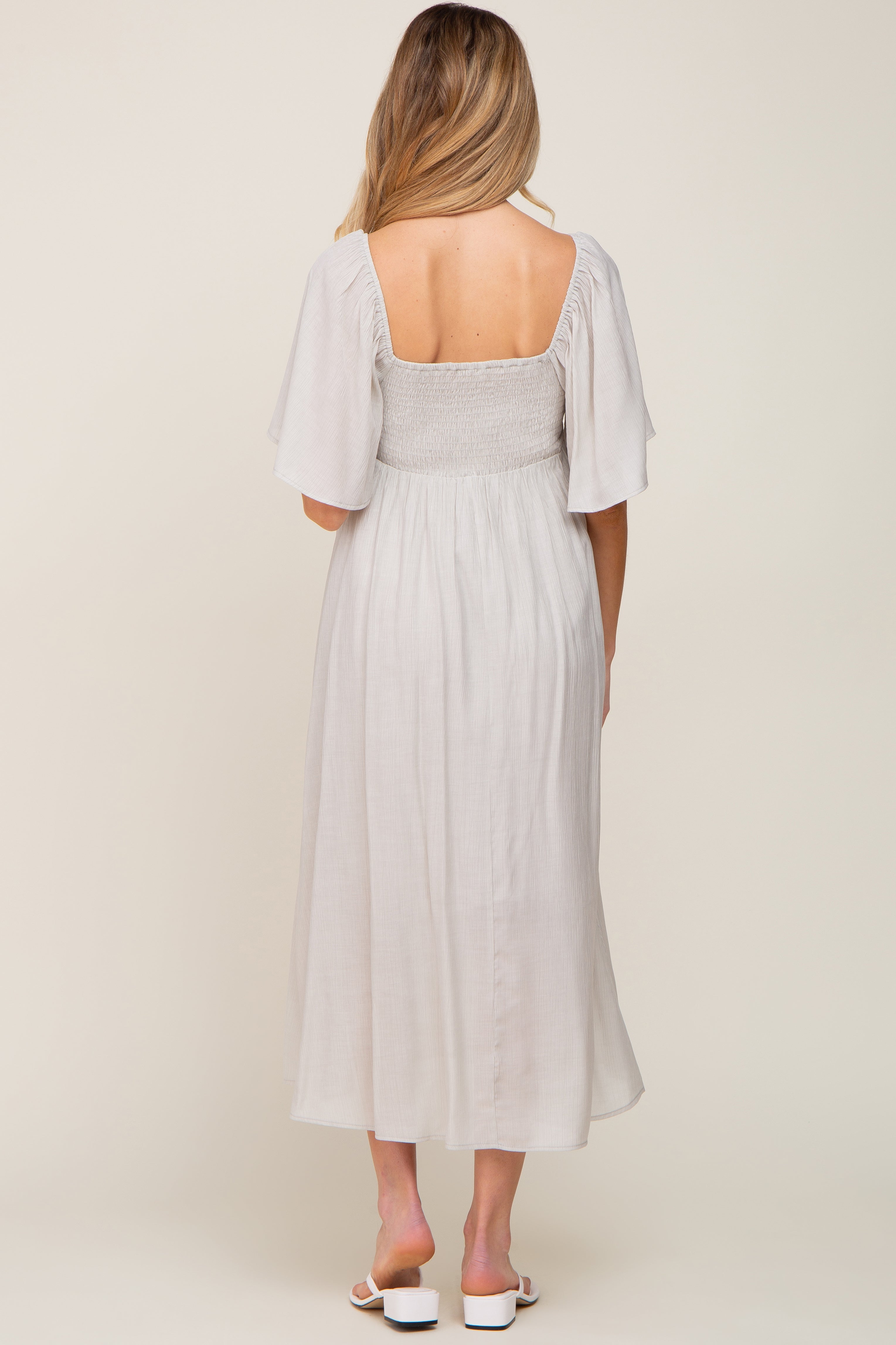 Grey Front Tie Ruffle Sleeve Maternity Midi Dress