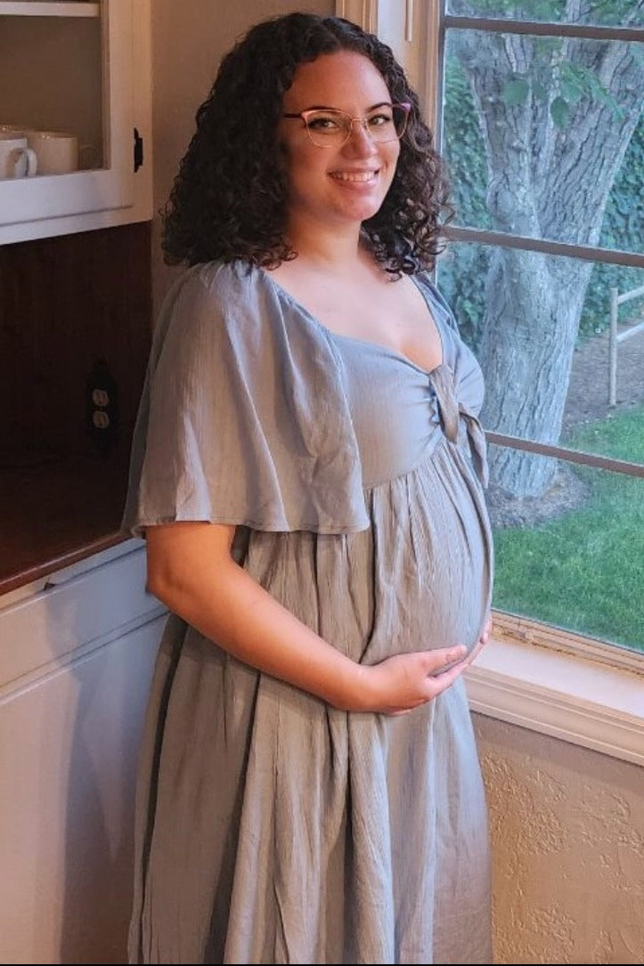 Blue Front Tie Ruffle Sleeve Maternity Midi Dress