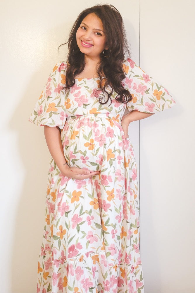 White Floral Puff Sleeve Maternity Maxi Dress