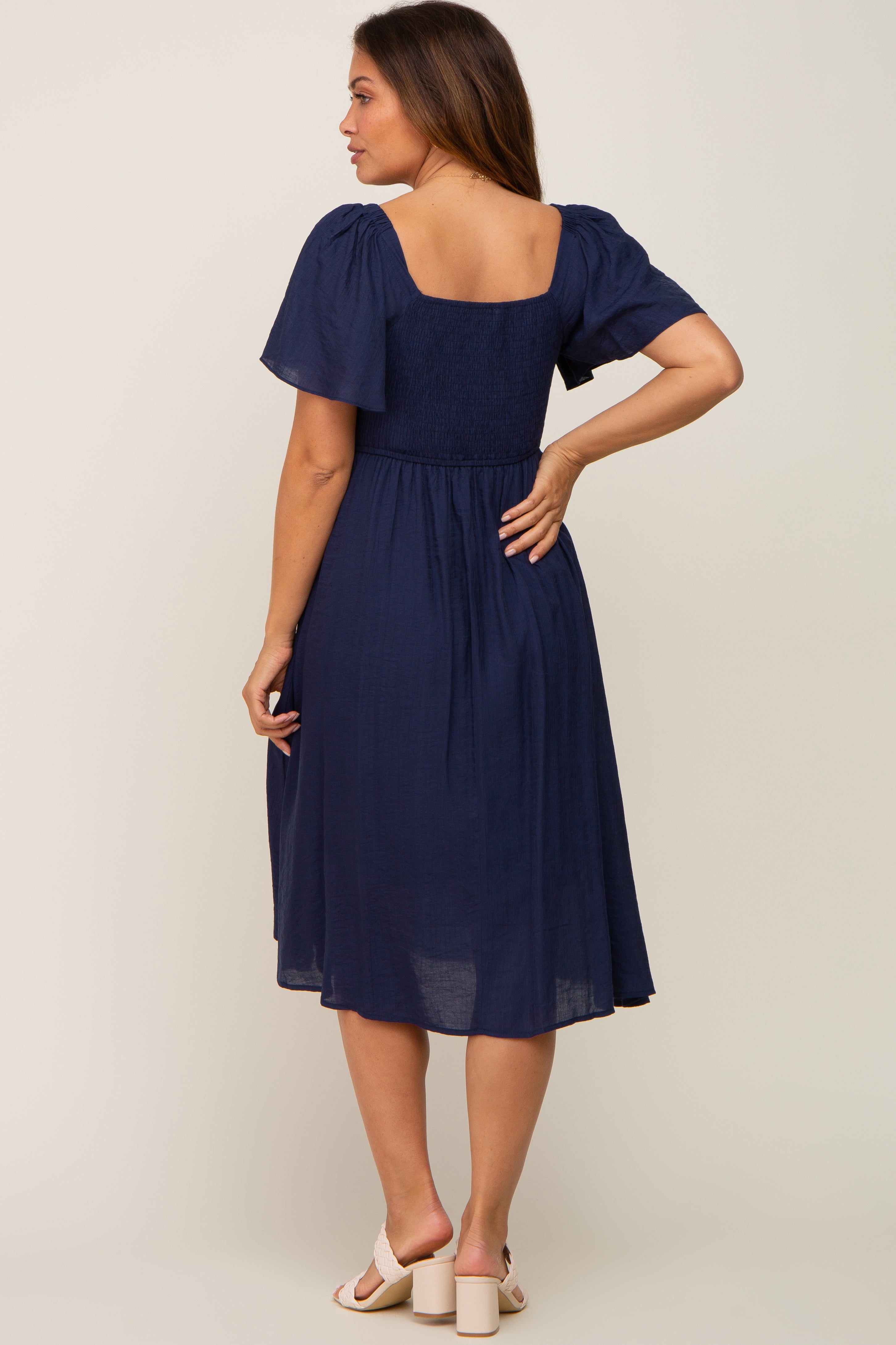 Navy Blue Smocked Square Neck Flutter Short Sleeve Maternity Midi Dress