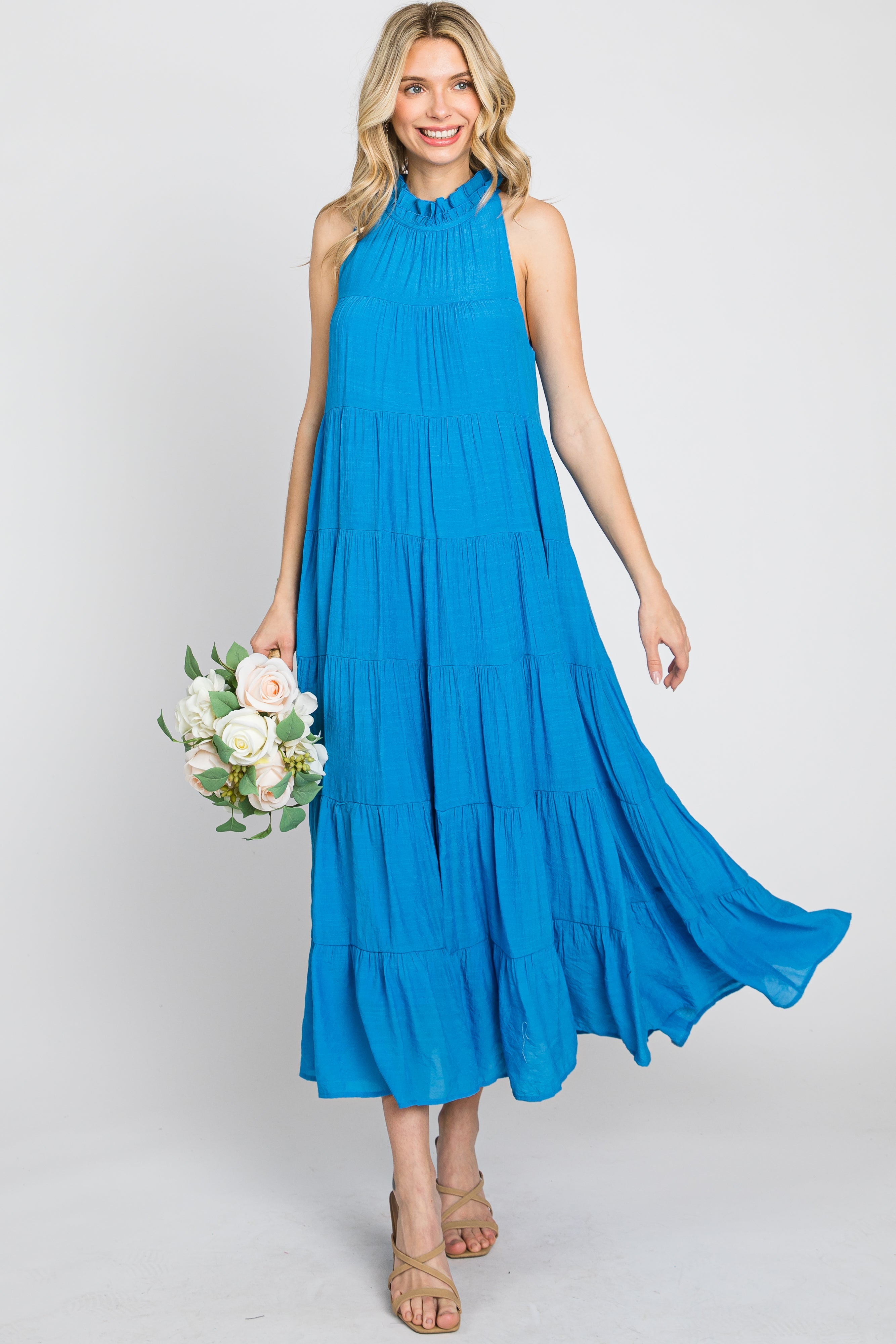 Blue Tiered High Neck Maternity Maxi Dress