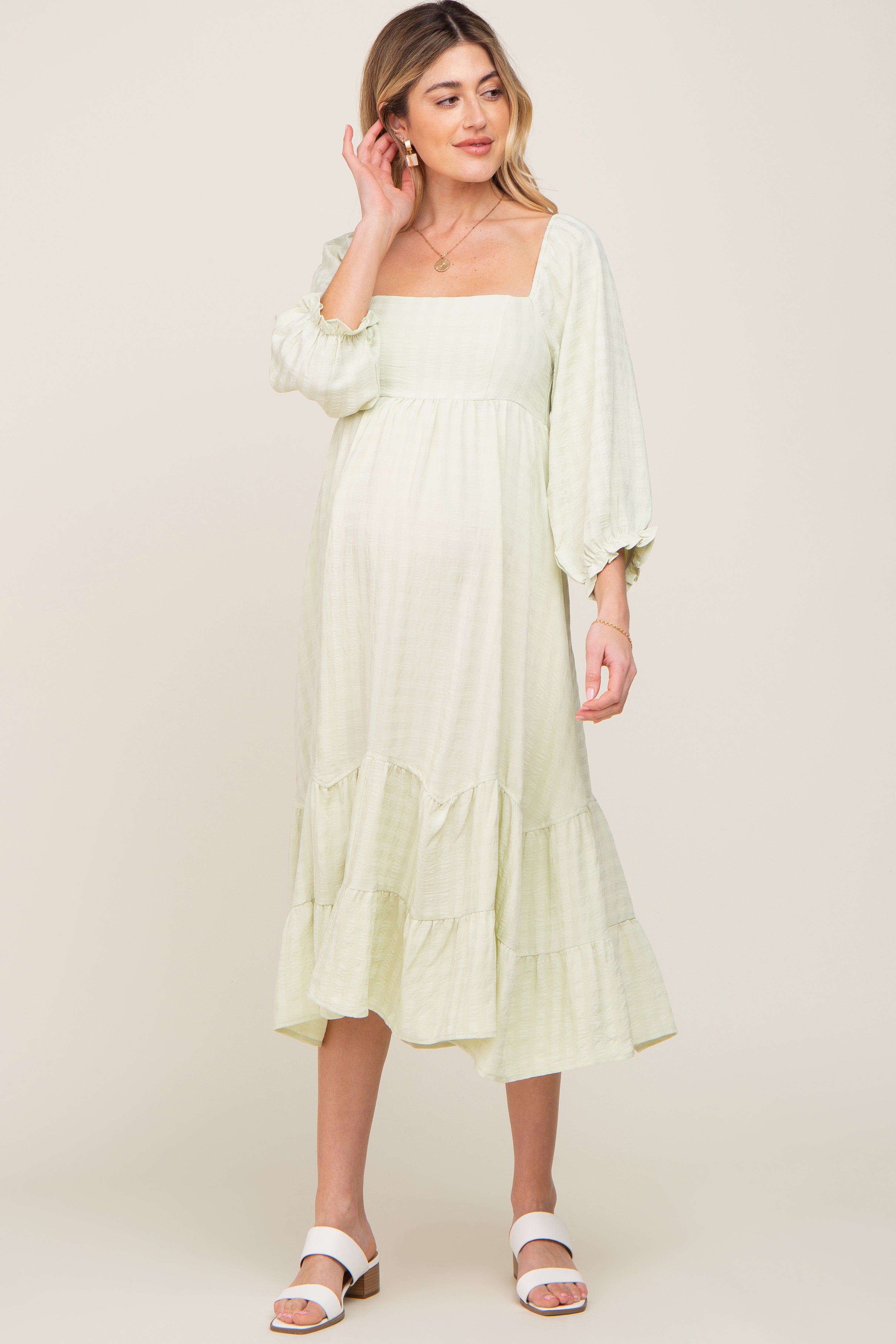 Light Green Striped 3/4 Cinched Sleeve Tiered Maternity Midi Dress