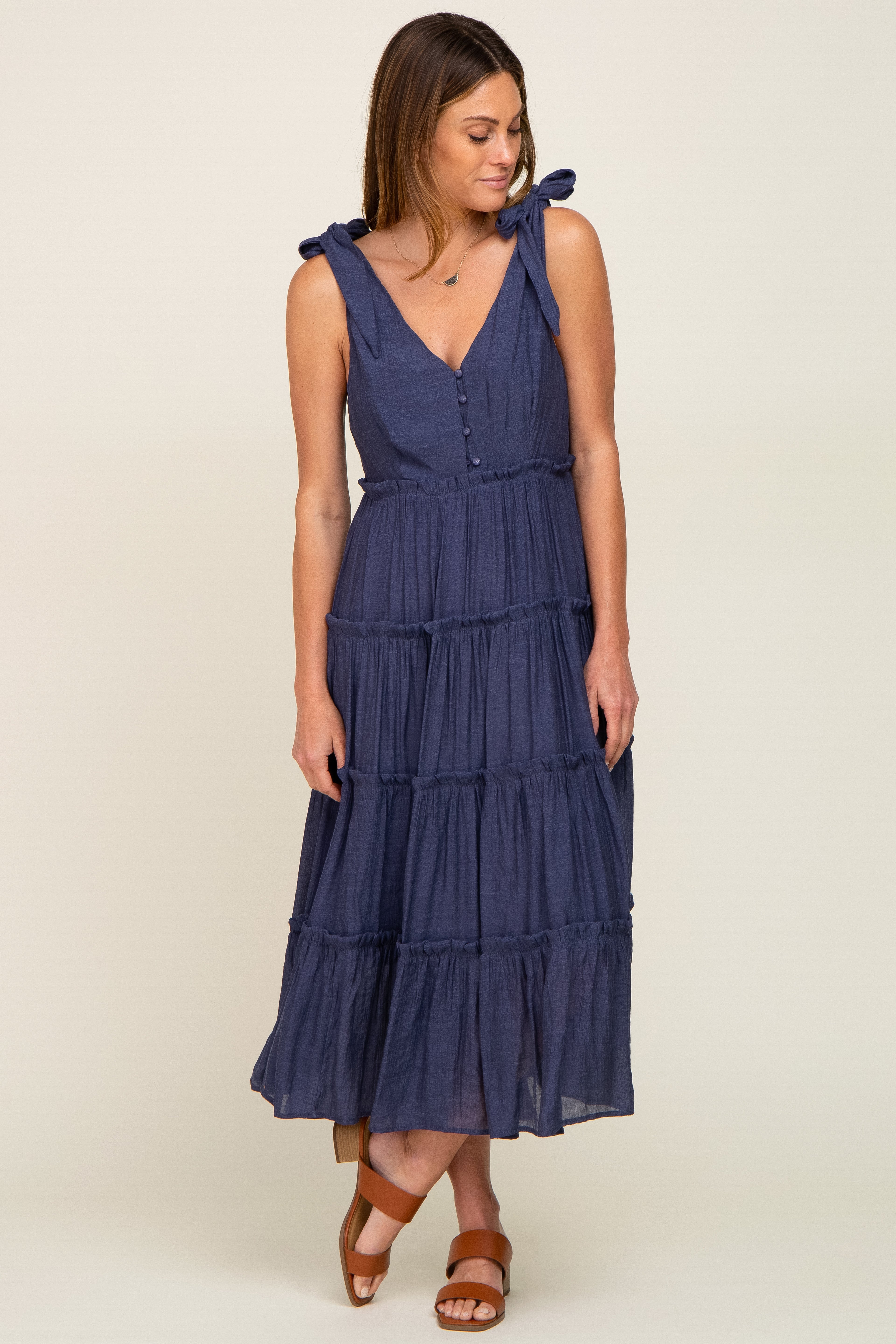 Navy Blue Linen Button Front Shoulder Tie Tiered Maternity Midi Dress