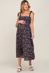 Black Micro Floral Smocked Maternity Dress