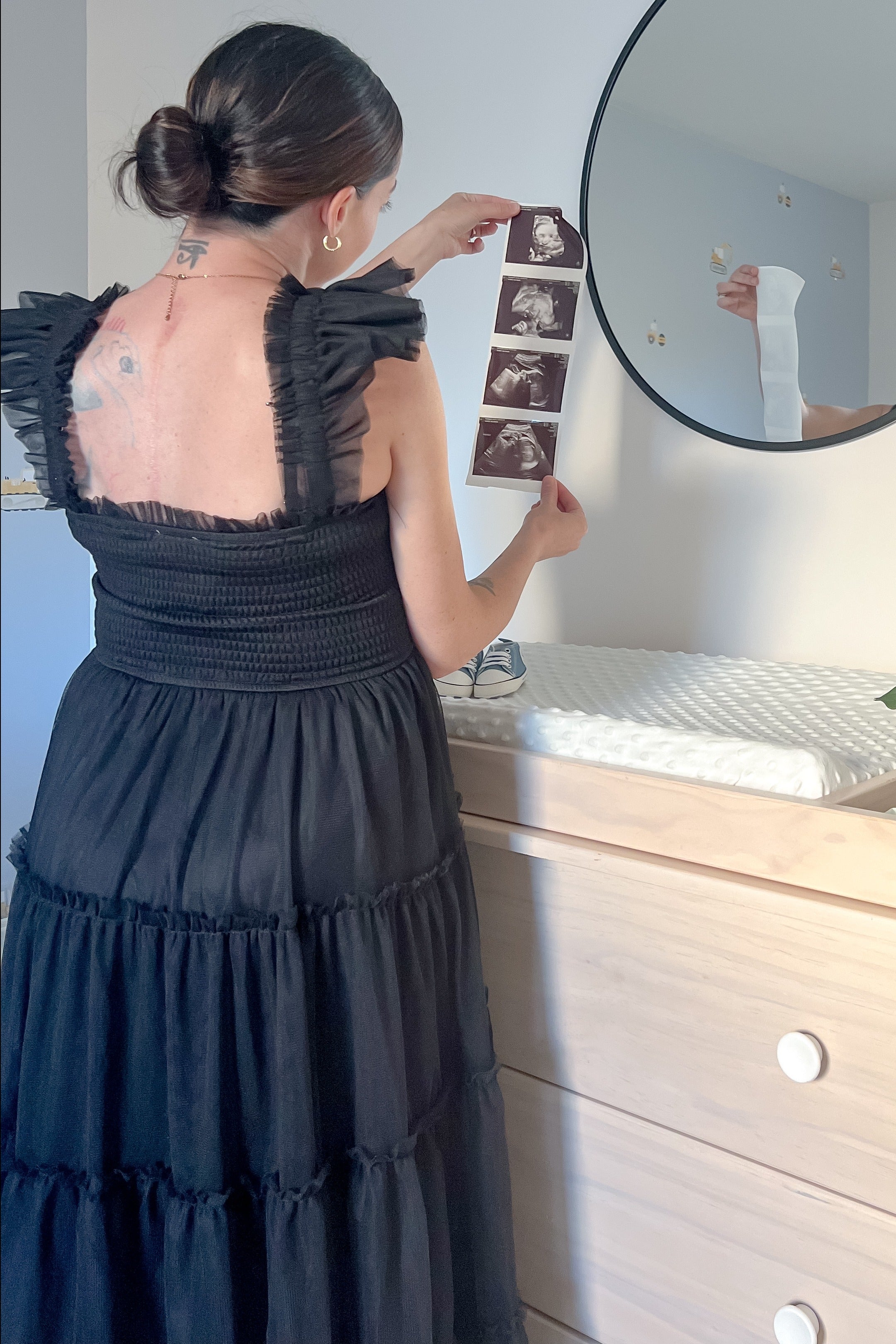 Black Smocked Mesh Ruffle Accent Maternity Midi Dress