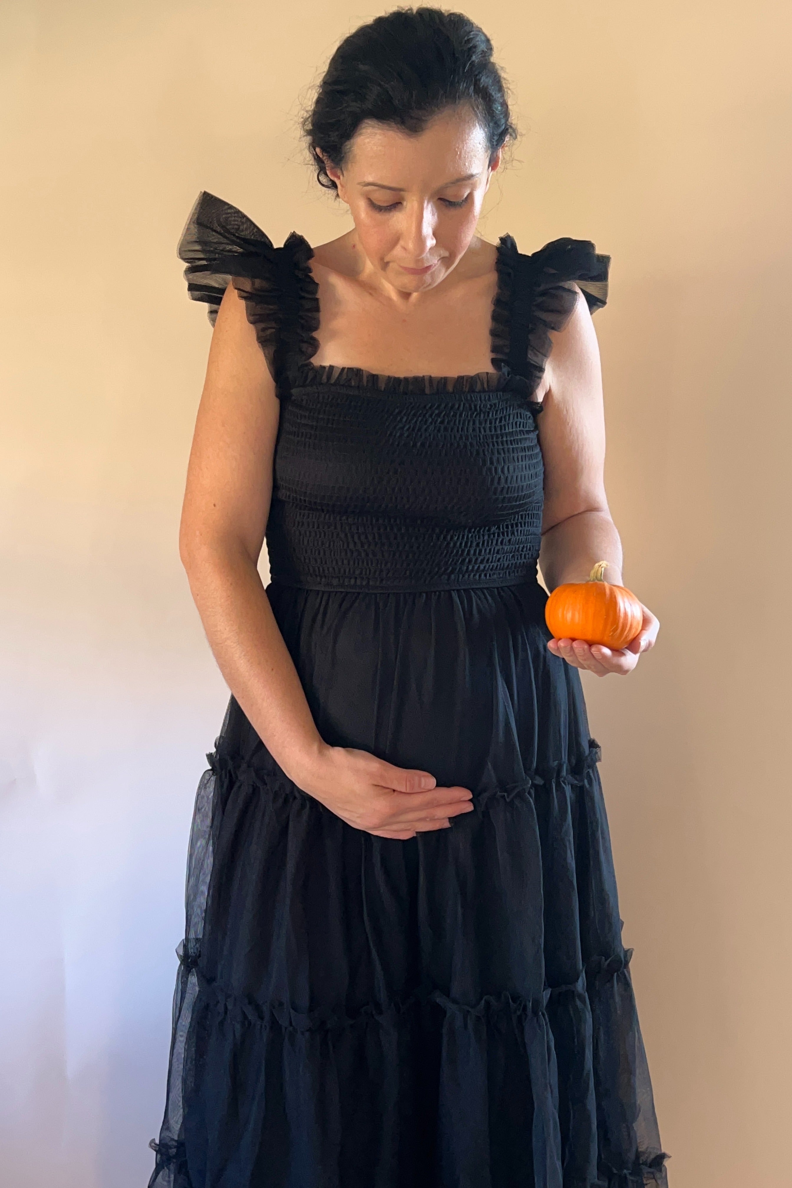 Black Smocked Mesh Ruffle Accent Maternity Midi Dress